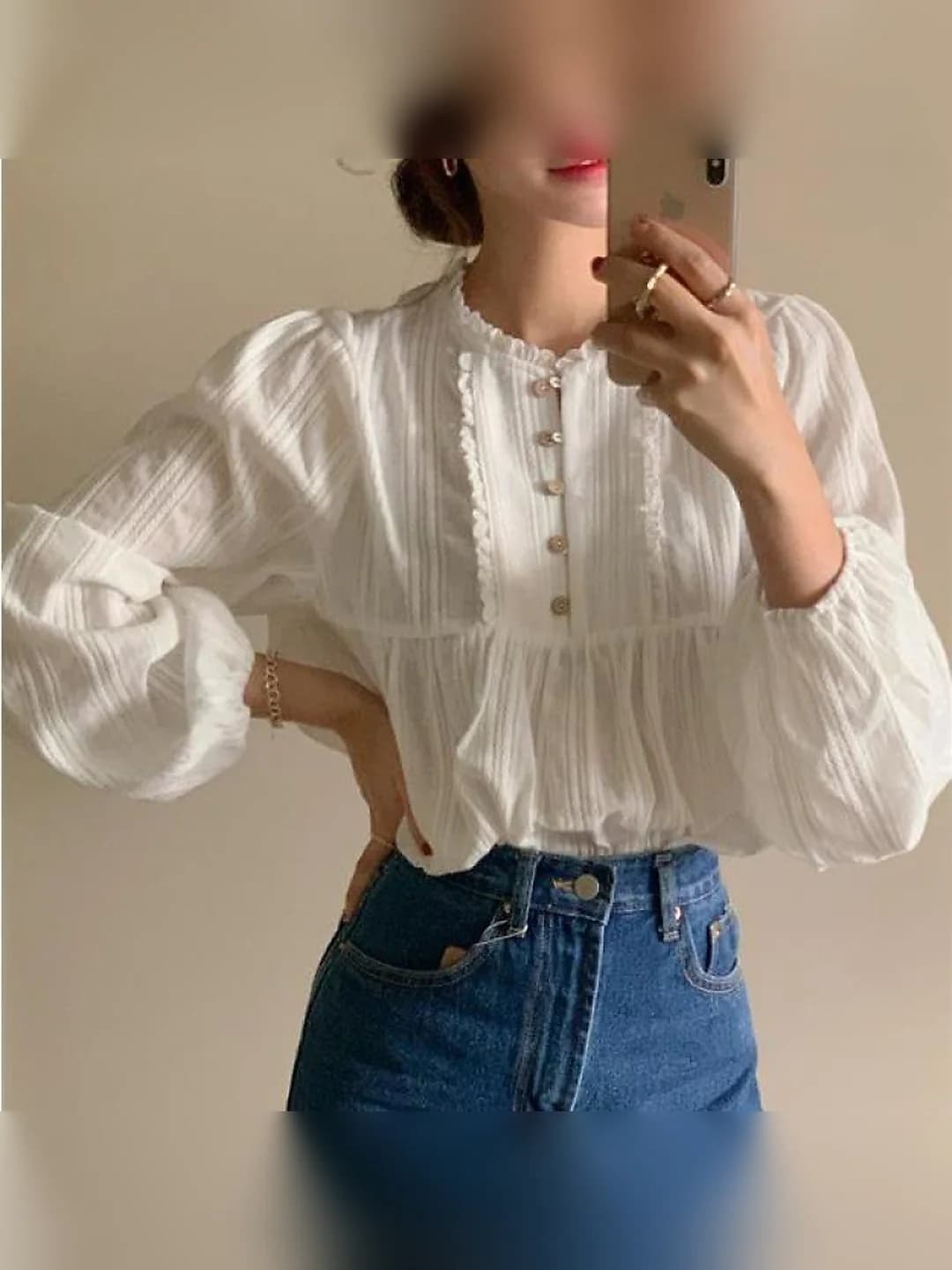 Women's autumn blouse, retro style, solid colour white, long sleeve, crew neck, loose fit