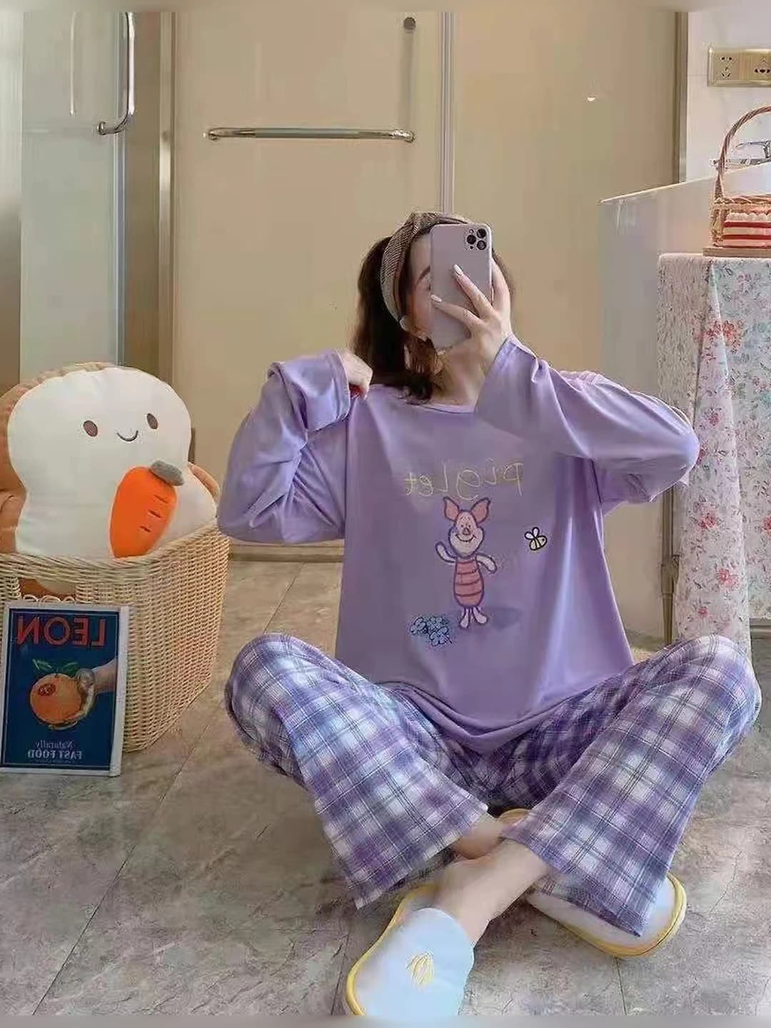 Women's long-sleeve top and long pants pajama set in cartoon style for spring-autumn
