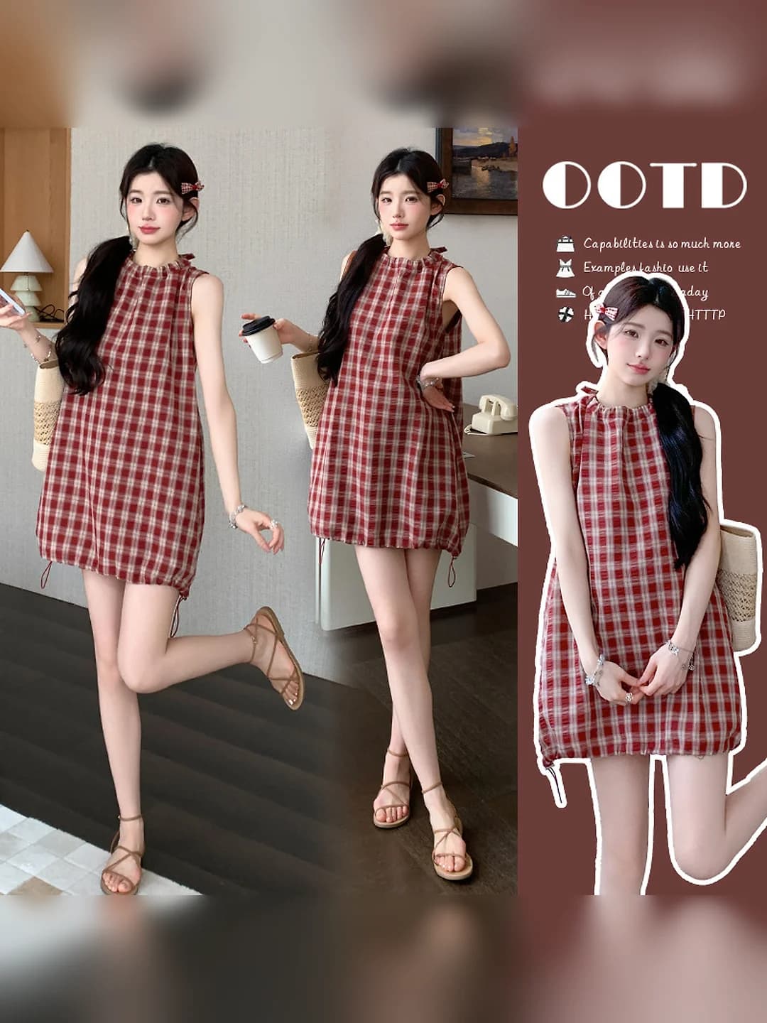 Women's maternity 2026 summer sleeveless checked A-line dress: Korean style, sweet and relaxed, mid-length, crew neck, street style, cotton 70%–80% (exclusive of 80%), under 30% spandex