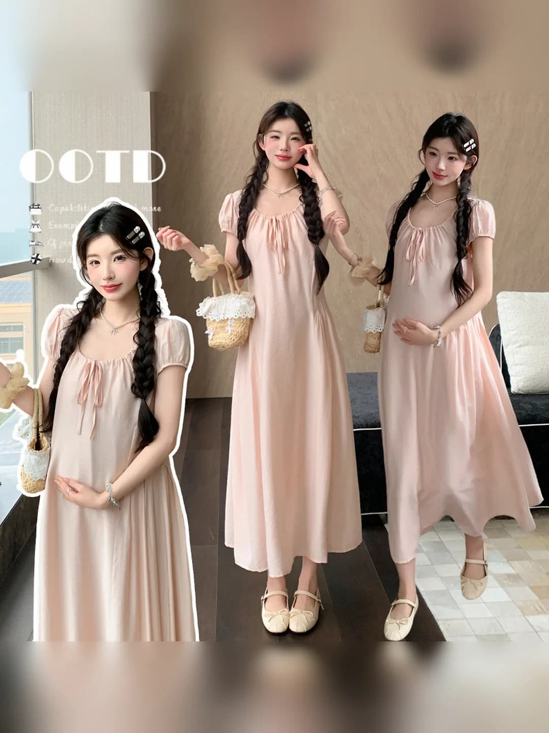 Women's 2026 summer maternity mid-length dress, U-neck, short puff sleeve, loose fit, waist-defining, solid colour, slimming, 80%–90% polyester
