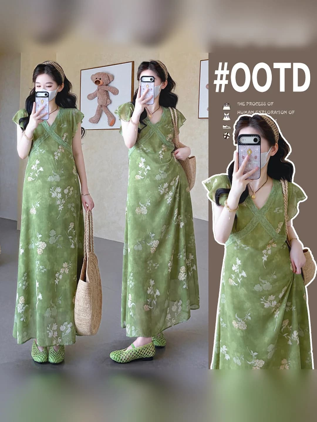 Women's maternity chiffon long dress for summer 2026: French-style elegant, embroidered, slim fit, slimming, V-neck, short sleeve, floral print, A-line, mature style, 80%–90% polyester, under 30% spandex