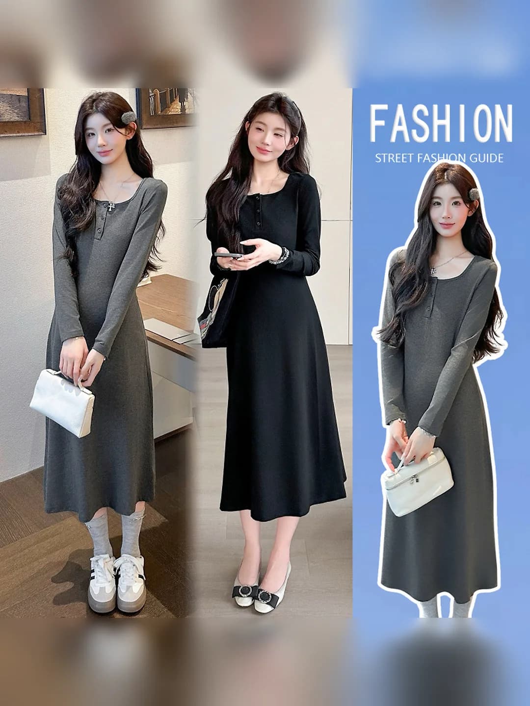 Women's 2026 autumn maternity long A-line dress, boat neck, long sleeve, solid colour, stretch cotton-polyester blend (cotton 30%–50%), slimming