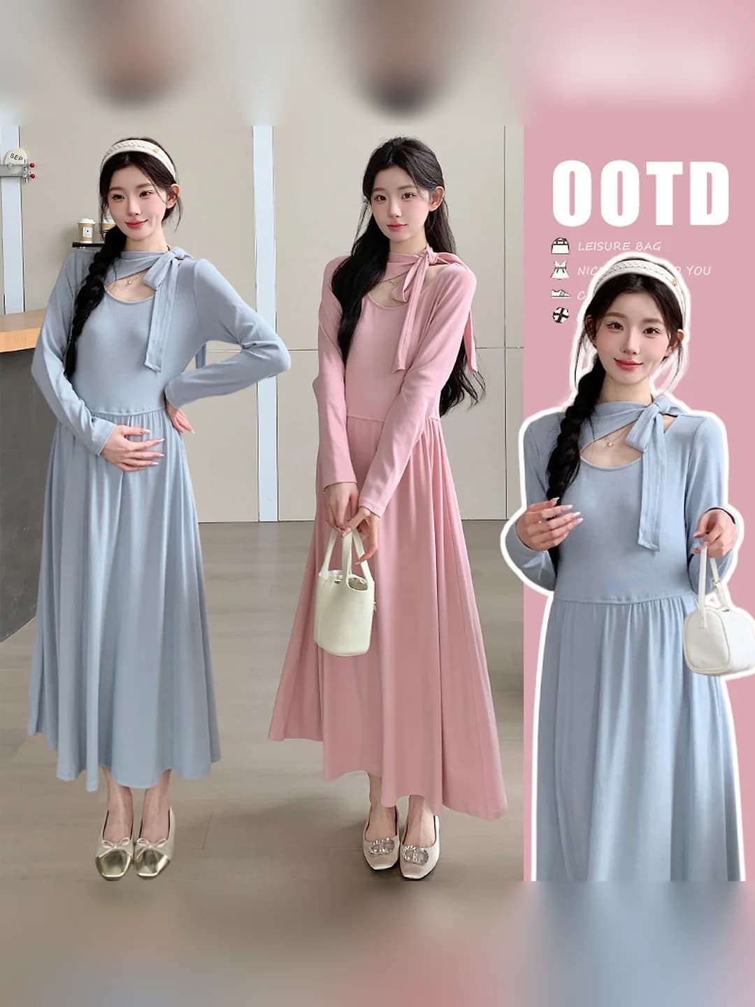 Women's maternity dresses: knit dress with tie waist, loose fit, solid colour, stretch cotton 50%–70%, polyester under 30%, crew neck, long sleeve, mid-length, fresh sweet style, early autumn 2026