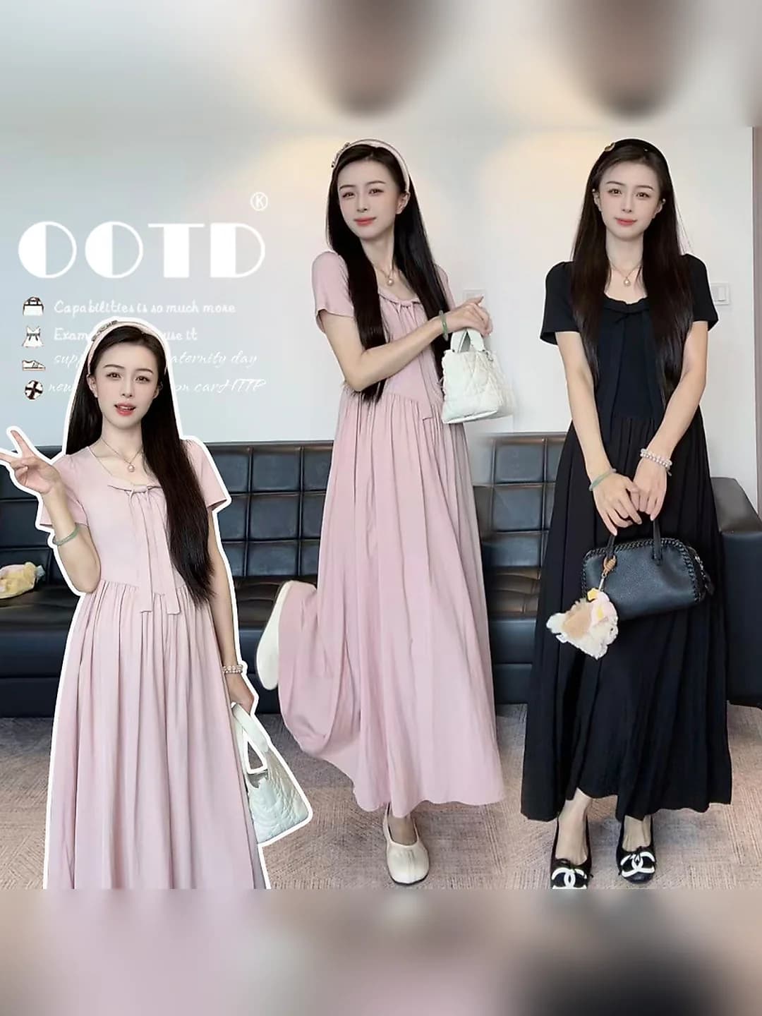 Women's maternity dress 2026 summer – solid colour, short sleeve, pockets, bow, waist-cinched, long, cotton 70%–80%