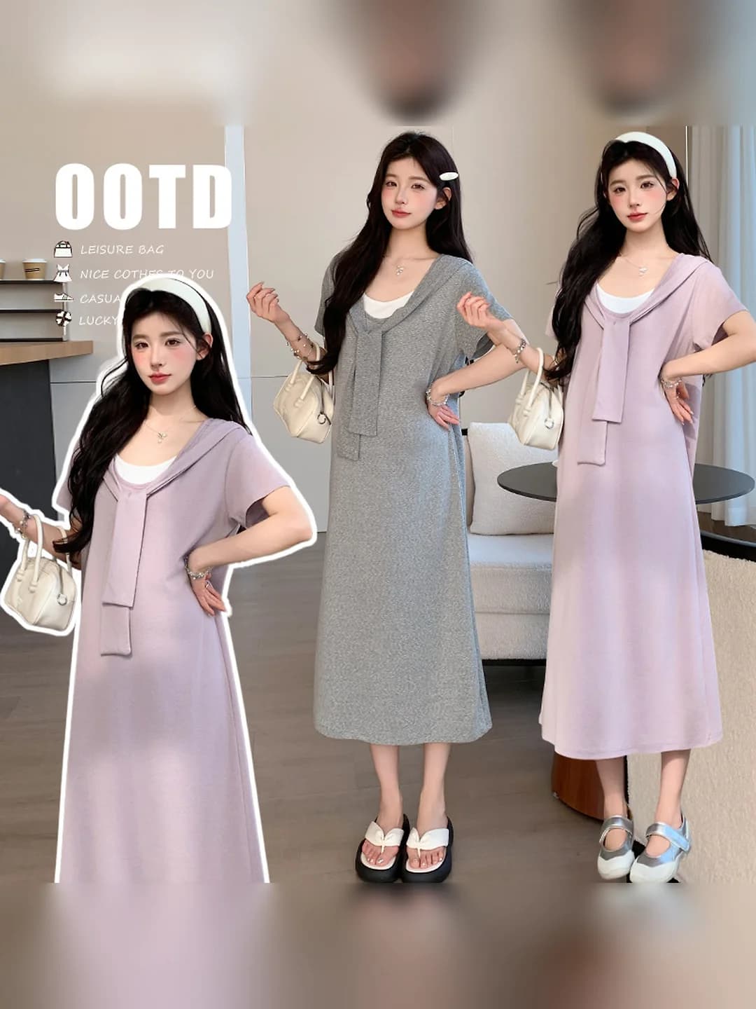 Women's long 2026 summer maternity dress in T-shirt style, with shawl, faux two-piece, crew neck, short sleeve, patchwork pattern, 80%–90% polyester