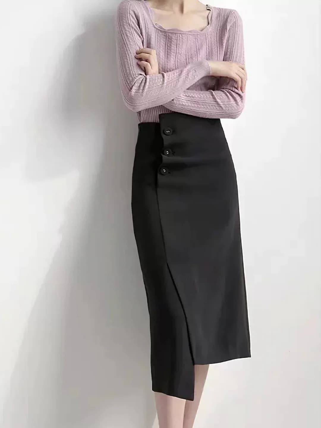 Women's black solid colour retro mid-length high waist narrow bodycon skirt, irregular cut, early spring