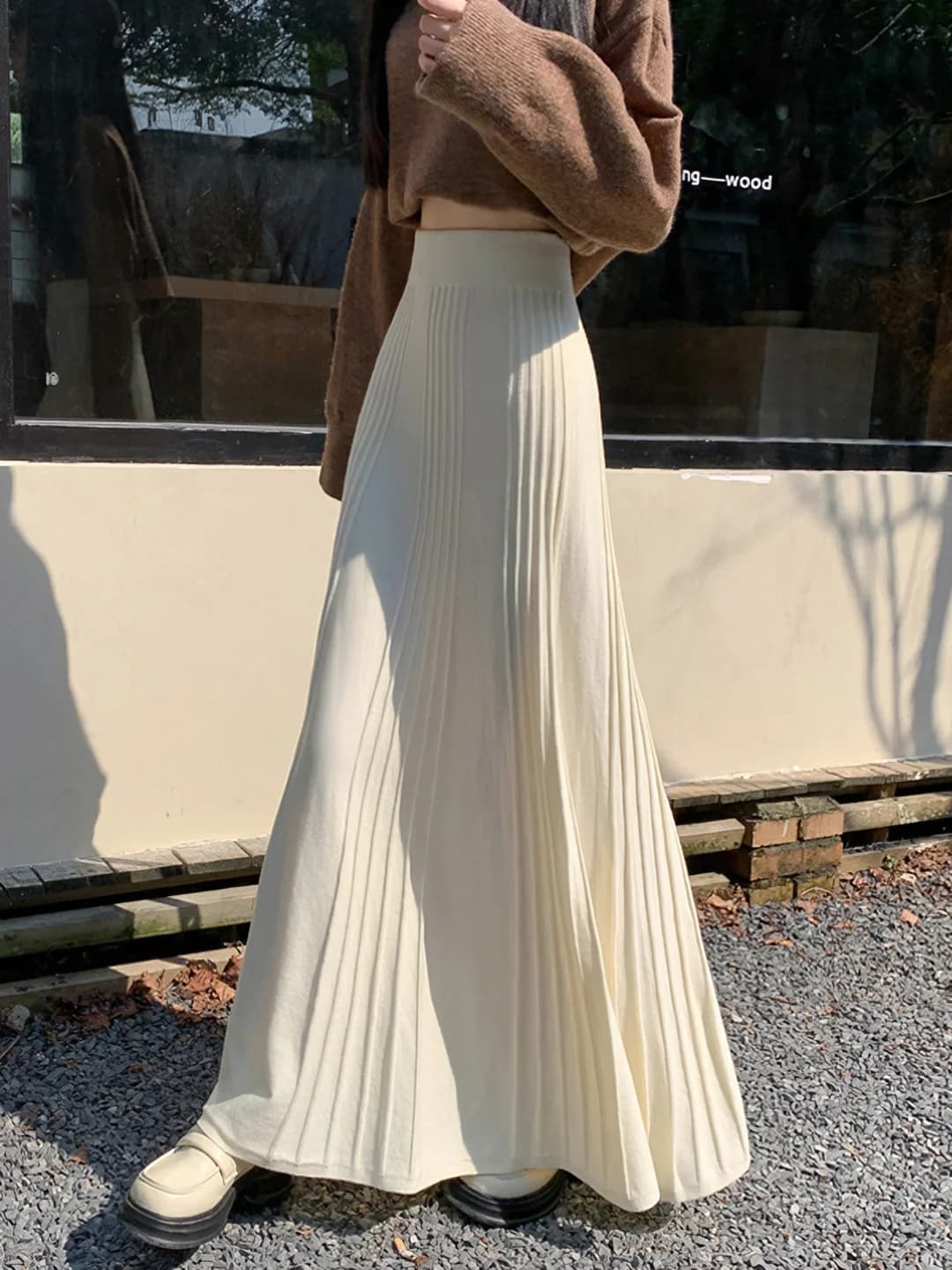 Women's knit pleated long skirt, autumn-winter, high waist, A-line umbrella cut, slimming, ankle length, printed, slight stretch