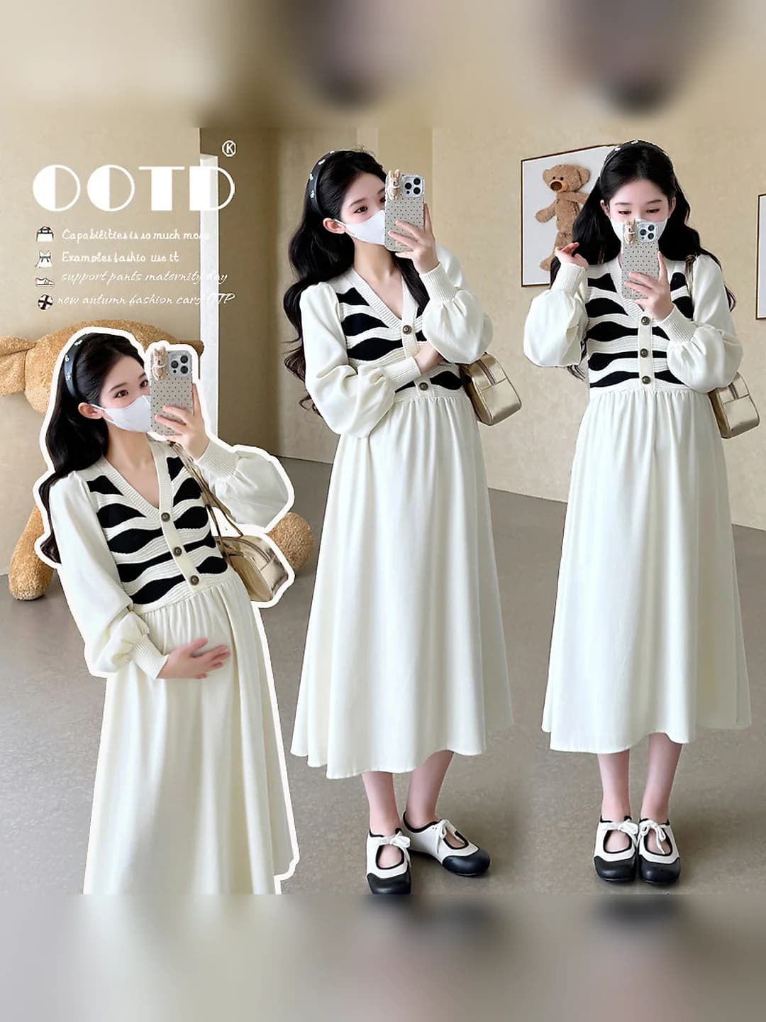 Women's 2026 autumn maternity knit dress, Korean style, contrast colour, patchwork, slimming, V-neck, long sleeve, midi length, polyester 95% and above