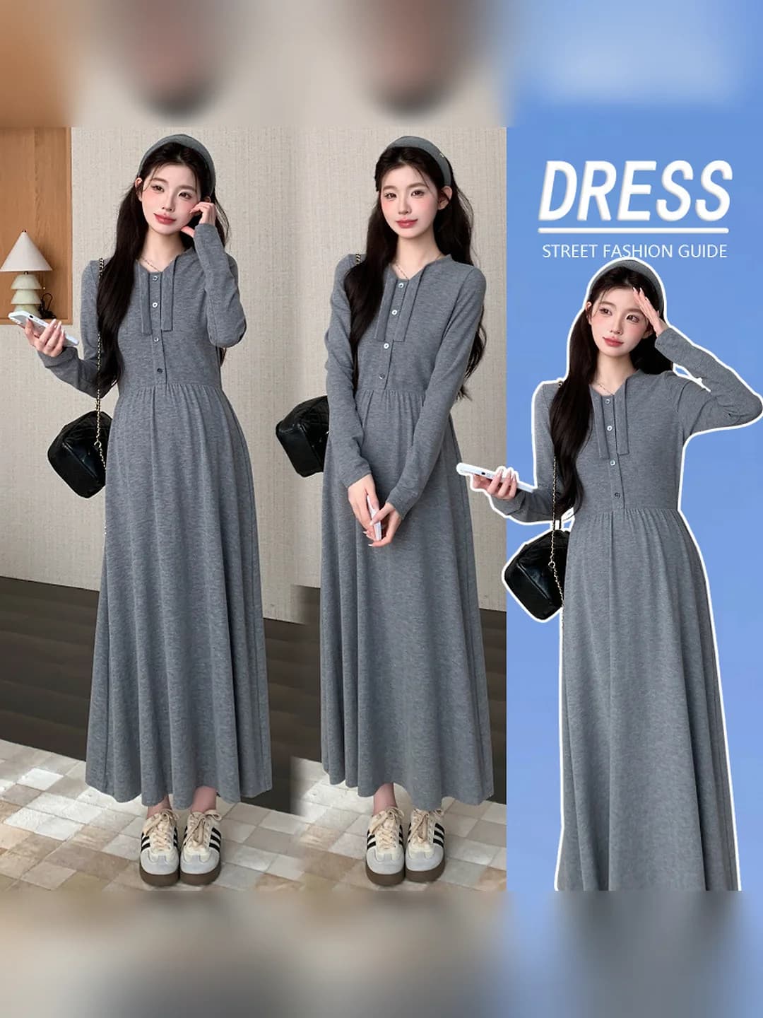 Women's maternity dresses: long sleeve, half-open collar, long flared skirt, solid colour, cotton 30%–50%, polyester 30%–50%, high waist, slimming, Japanese-Korean casual style, autumn 2026
