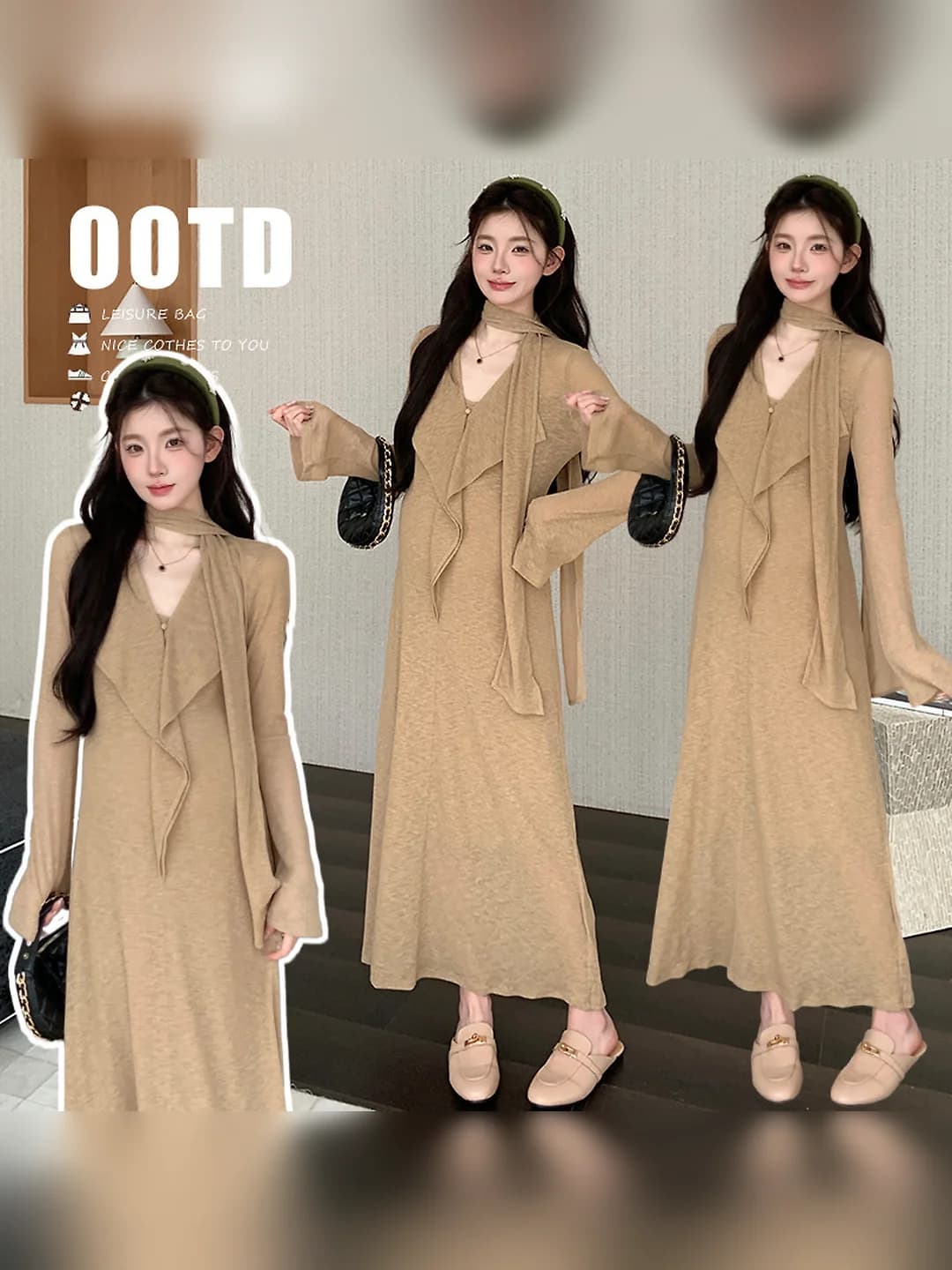 Women's long 2026 early autumn maternity dress, V-neck, long sleeve, solid colour, cotton 30%–50%, with shawl, Korean style
