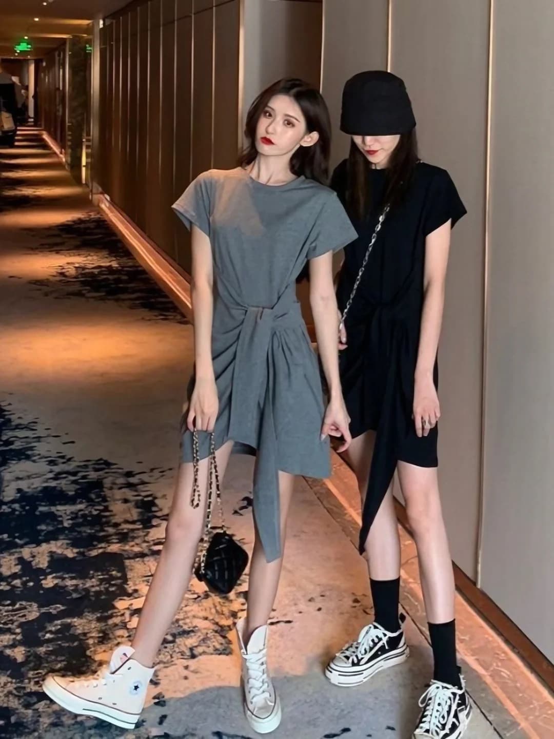 Women's summer t-shirt dress, short sleeve, slim fit, waist-cinched, irregular hem, petite