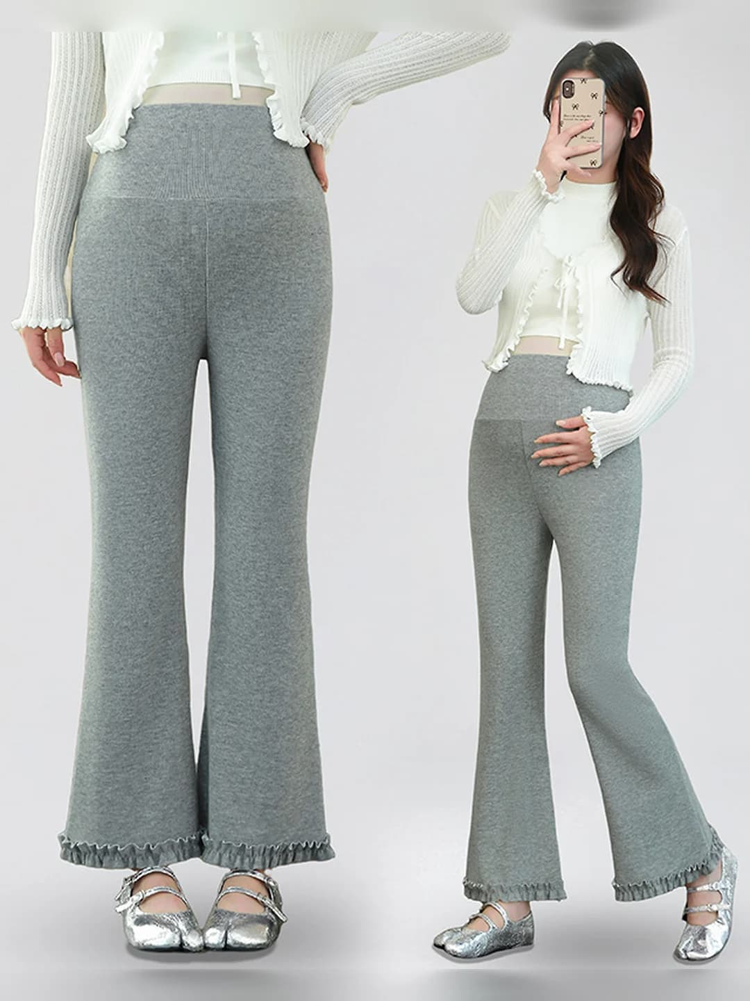 Women's 2026 early autumn maternity polyester flared trousers, ankle-length trousers, casual, high waist, petite, stretch, regular thickness