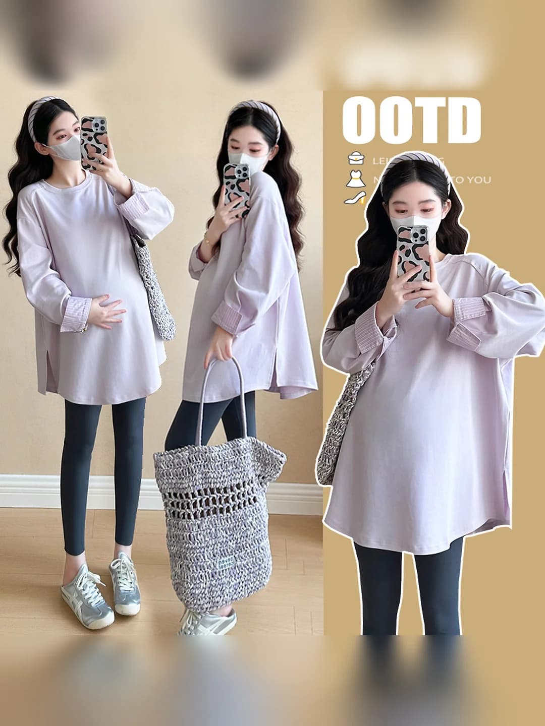 Women's maternity 2026 autumn casual loose fit plus-size T-shirt top in new Chinese style, long sleeve, crew neck, cotton, solid colour, mid-length