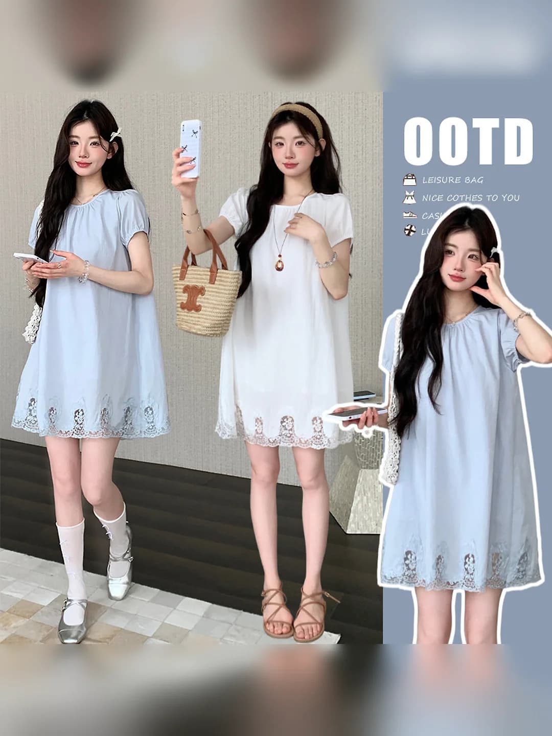 Women's maternity 2026 summer lace midi dress, doll-style, patchwork, simple, fresh and sweet style, crew neck, short puff sleeves, cotton 70–80%, spandex 30% or less