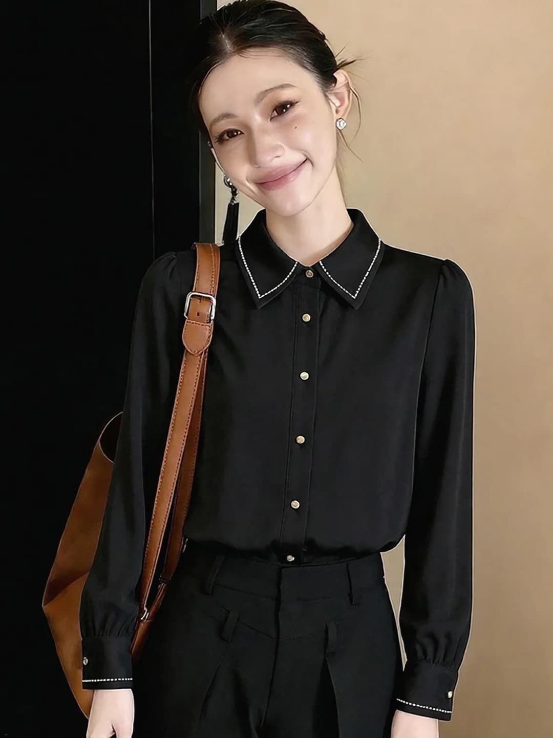 Women's shirt (blouse) 2026 spring-autumn, long sleeve, satin, contrast colour, niche design, base layer, professional formal wear