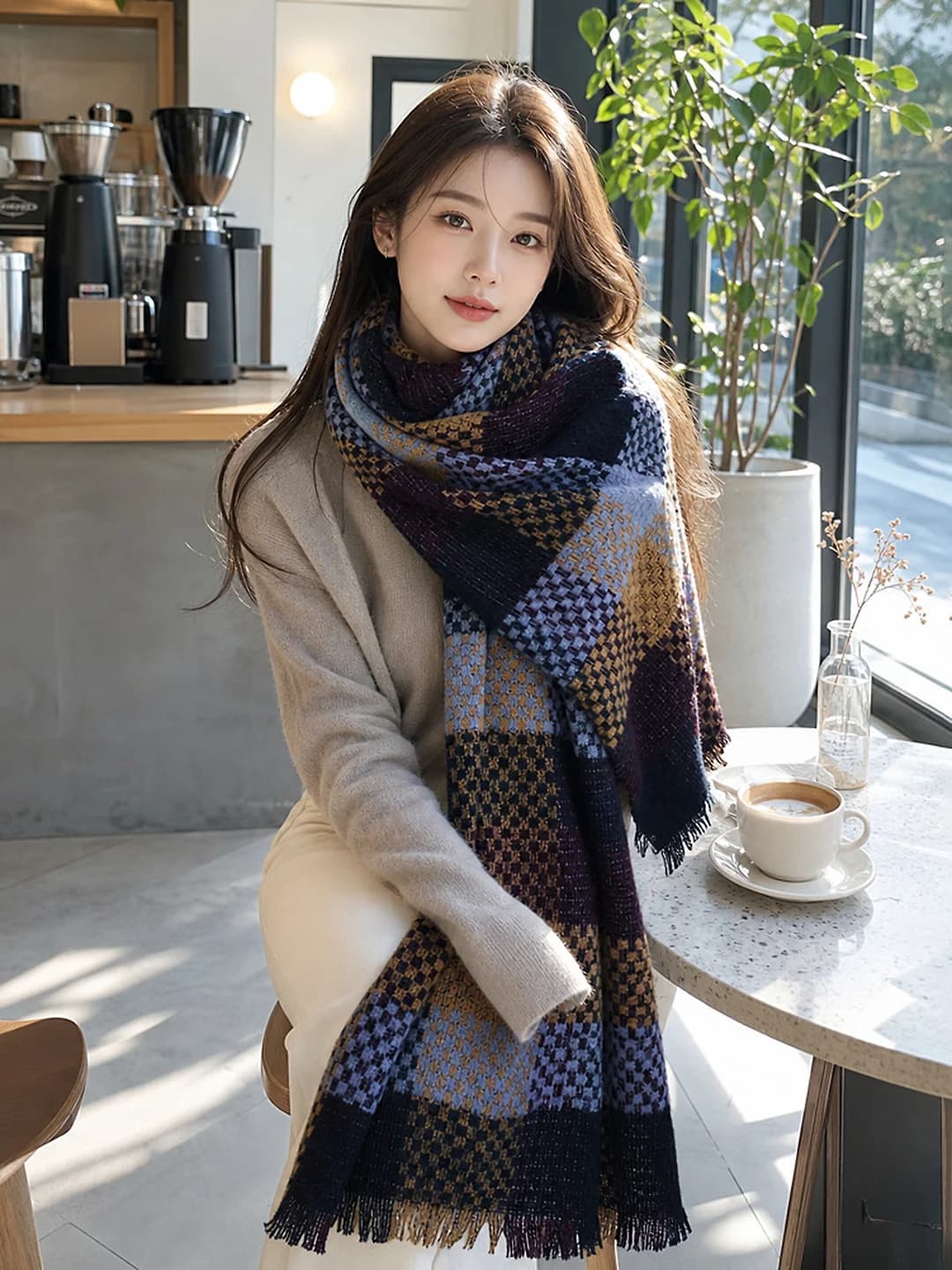 Women's 2026 autumn-winter checked knitted scarf, thickened and warm, long, versatile, imitation cashmere, 100% polyester
