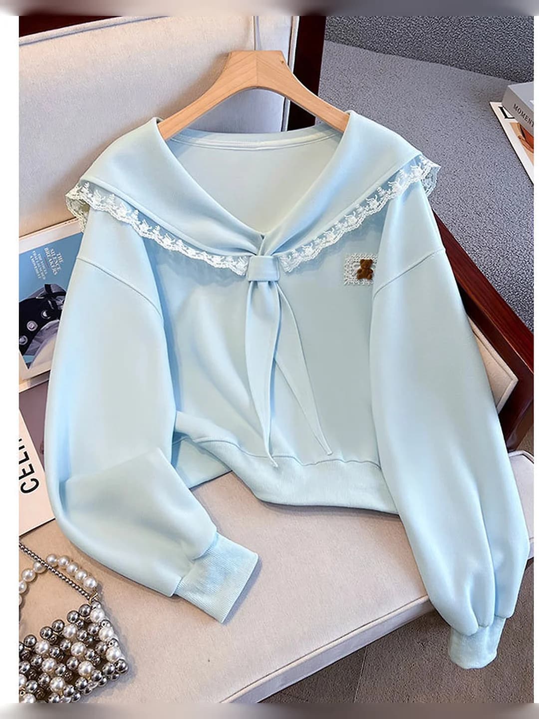 Ayollar uchun 2026 kuz modeli: dantel chetli dengizchi yoqali bog'ichli pullover svitshot, qizlar va talabalar uchun moda, keng qo'llaniladigan