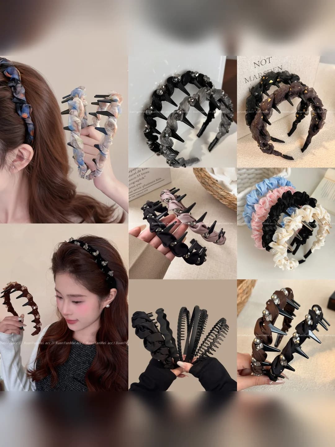 Women's French-style headband with rhinestones and pearls, wave design, toothed, non-slip, worn outside, for a high crown