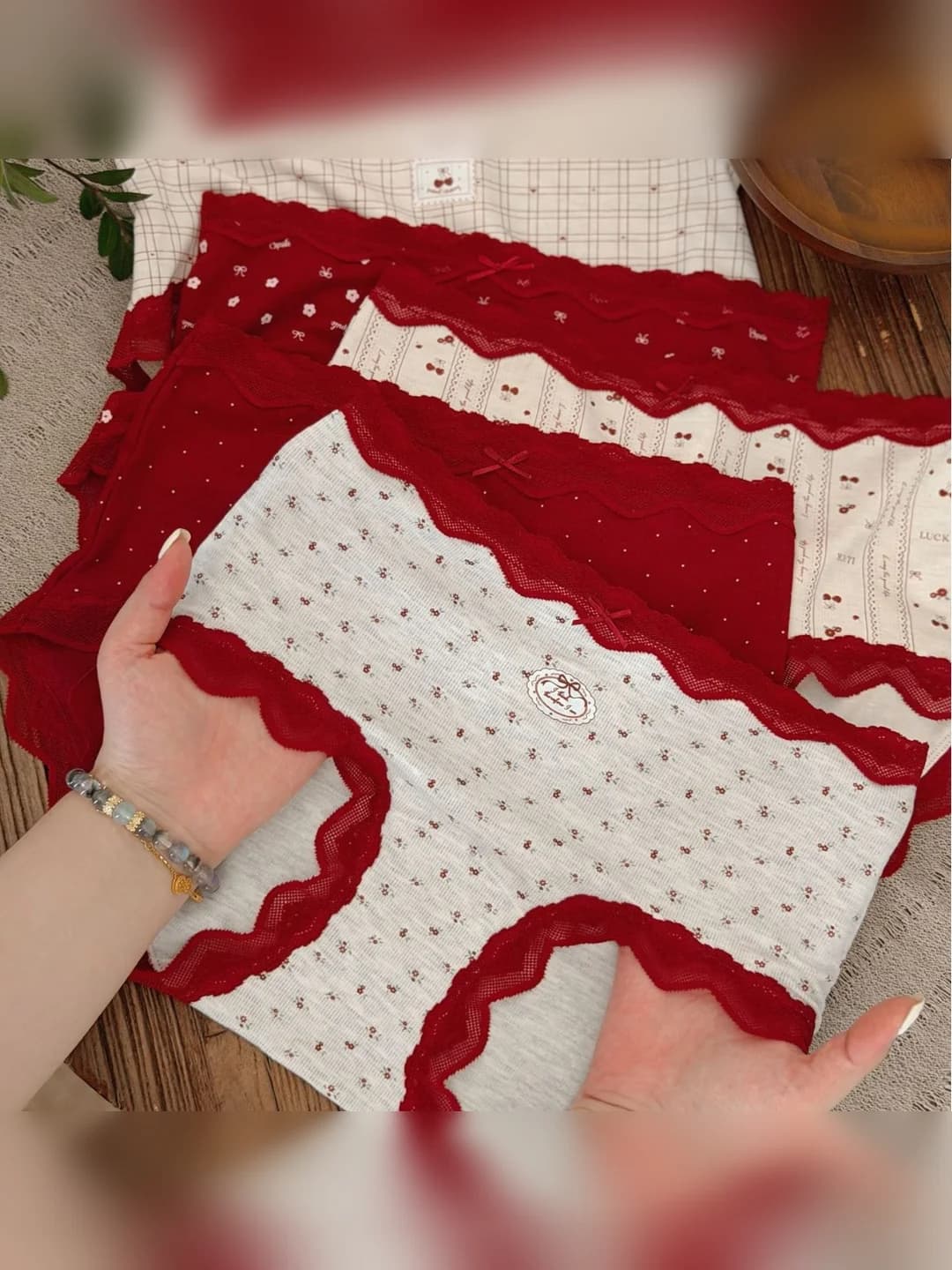 Women's red underwear briefs for zodiac year: retro cherry ditsy floral, brushed, mid-rise, pure cotton crotch