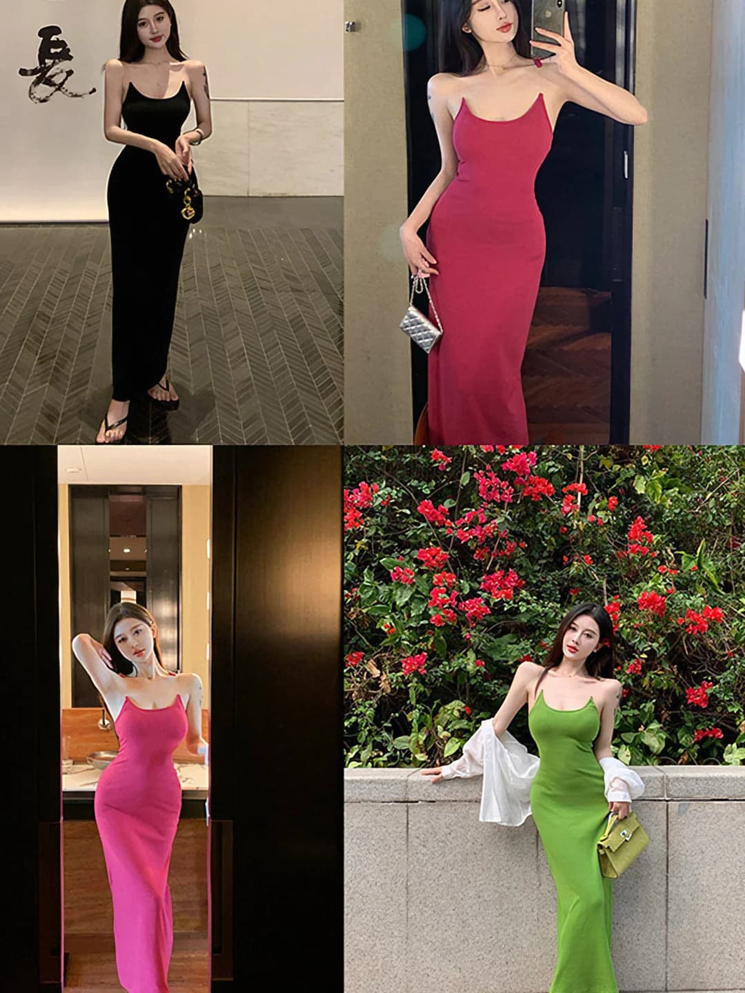 Women's summer sleeveless strappy slip dress with off-shoulder neckline, high waist, fitted slim-fit cut, slimming, solid colour, mid-length, TR fabric (polyester and PVC)
