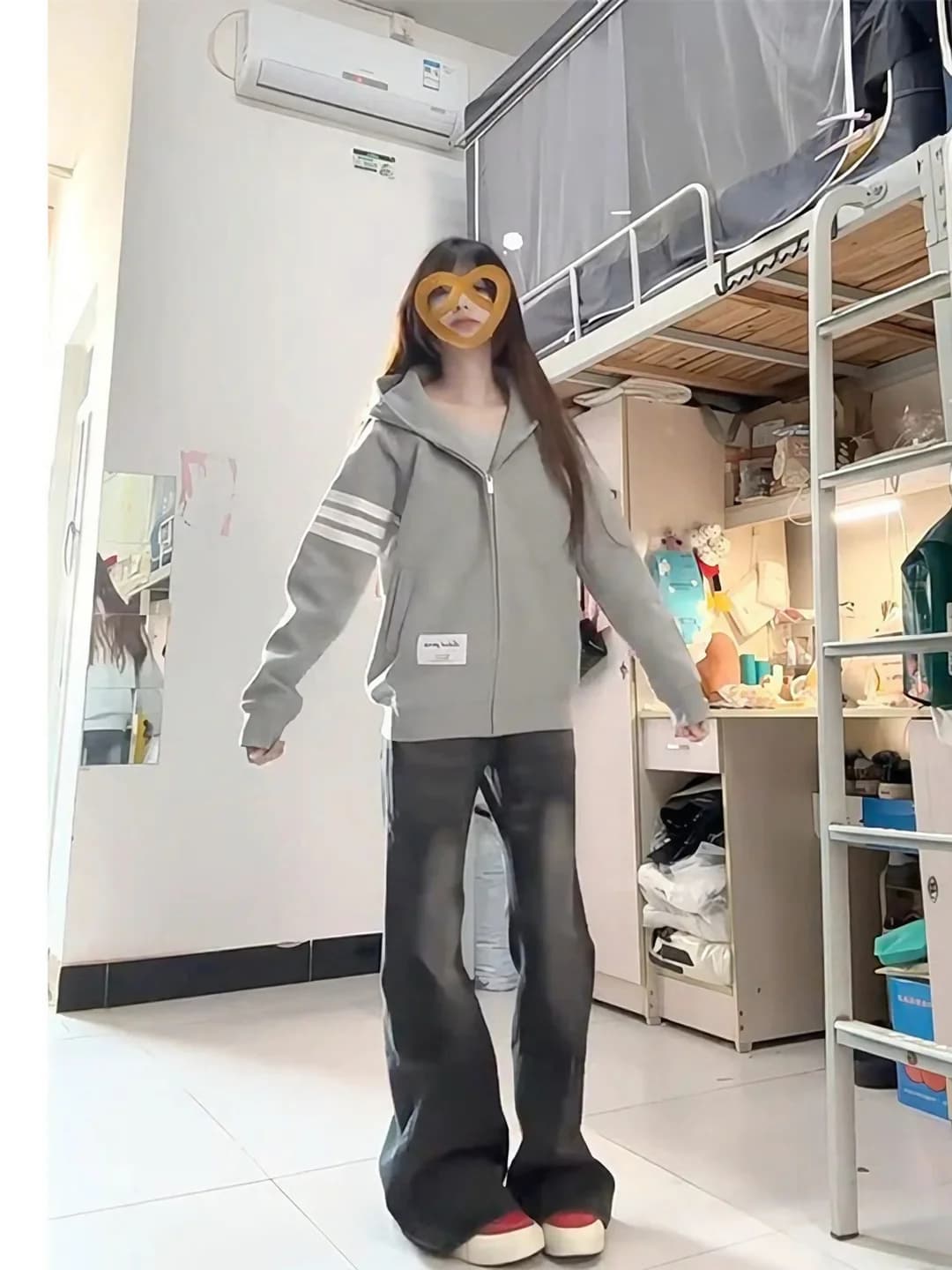 Women's early autumn hooded cardigan hoodie, patchwork, sweatshirt, loose fit, striped and checked pattern, printed, three-stripe design, hooded, zip, outerwear, cotton-polyester blend
