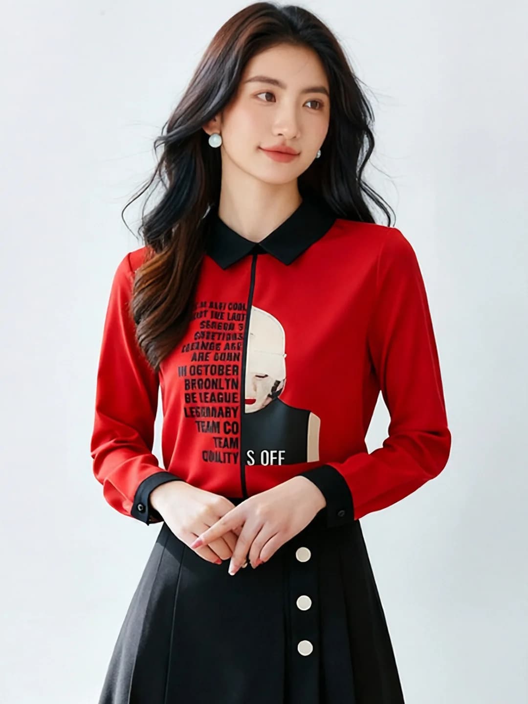 2026 autumn women's loose-fit long-sleeve chiffon blouse with letter print, Korean style