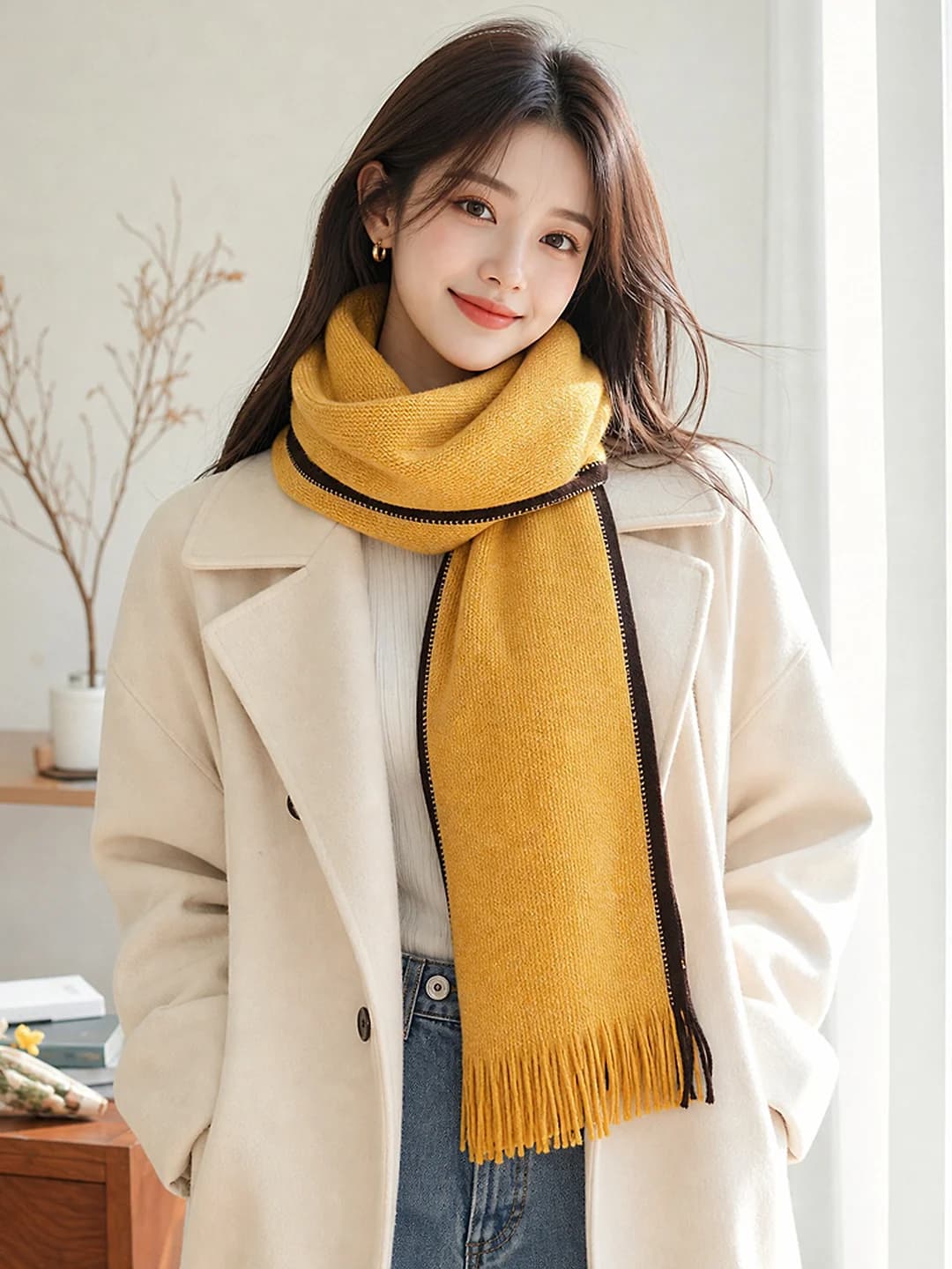 Women's winter thickened warm knit scarf in Korean style, solid colour, with tassels