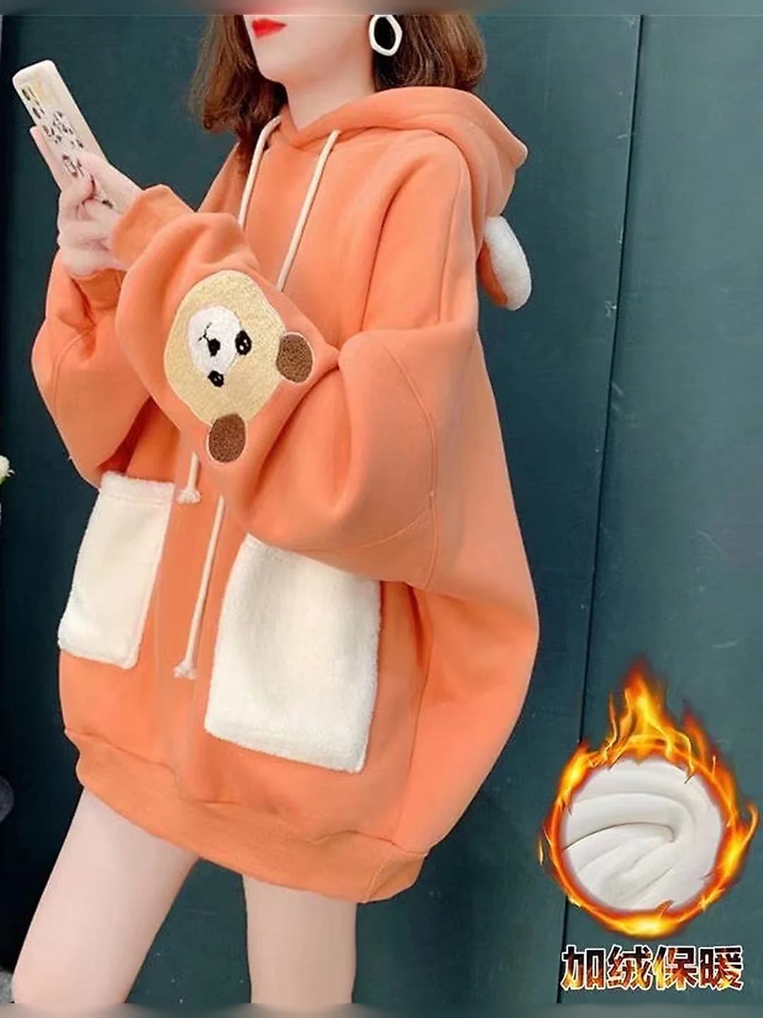 Women's Korean style hooded bear-print fleece-lined autumn-winter hoodie, loose fit