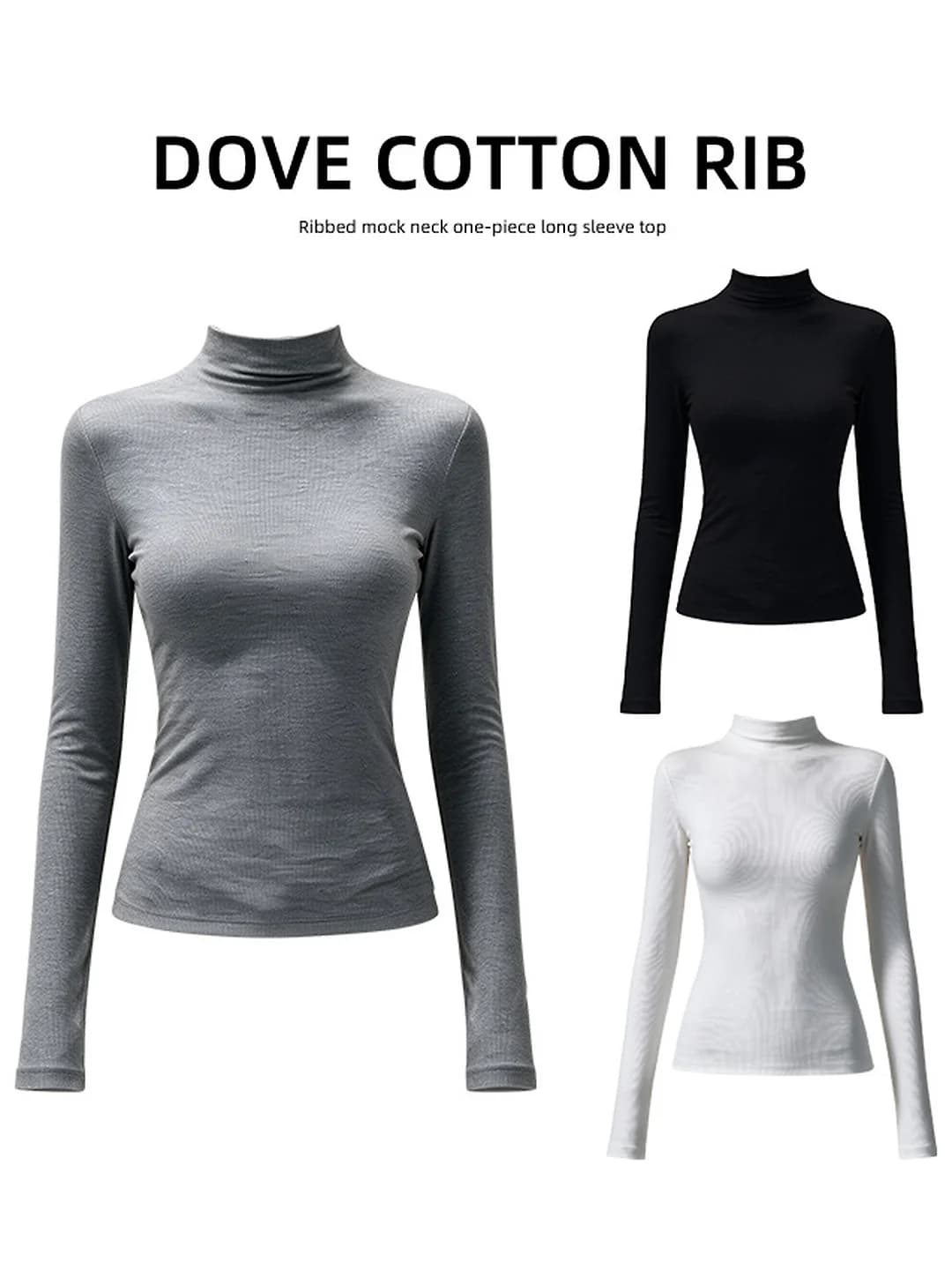 Women's turtlenecks: autumn, mock neck, slim fit, long sleeve, solid colour, rib cotton 30%–50%, length 50–65 cm, Korean-Japanese casual style