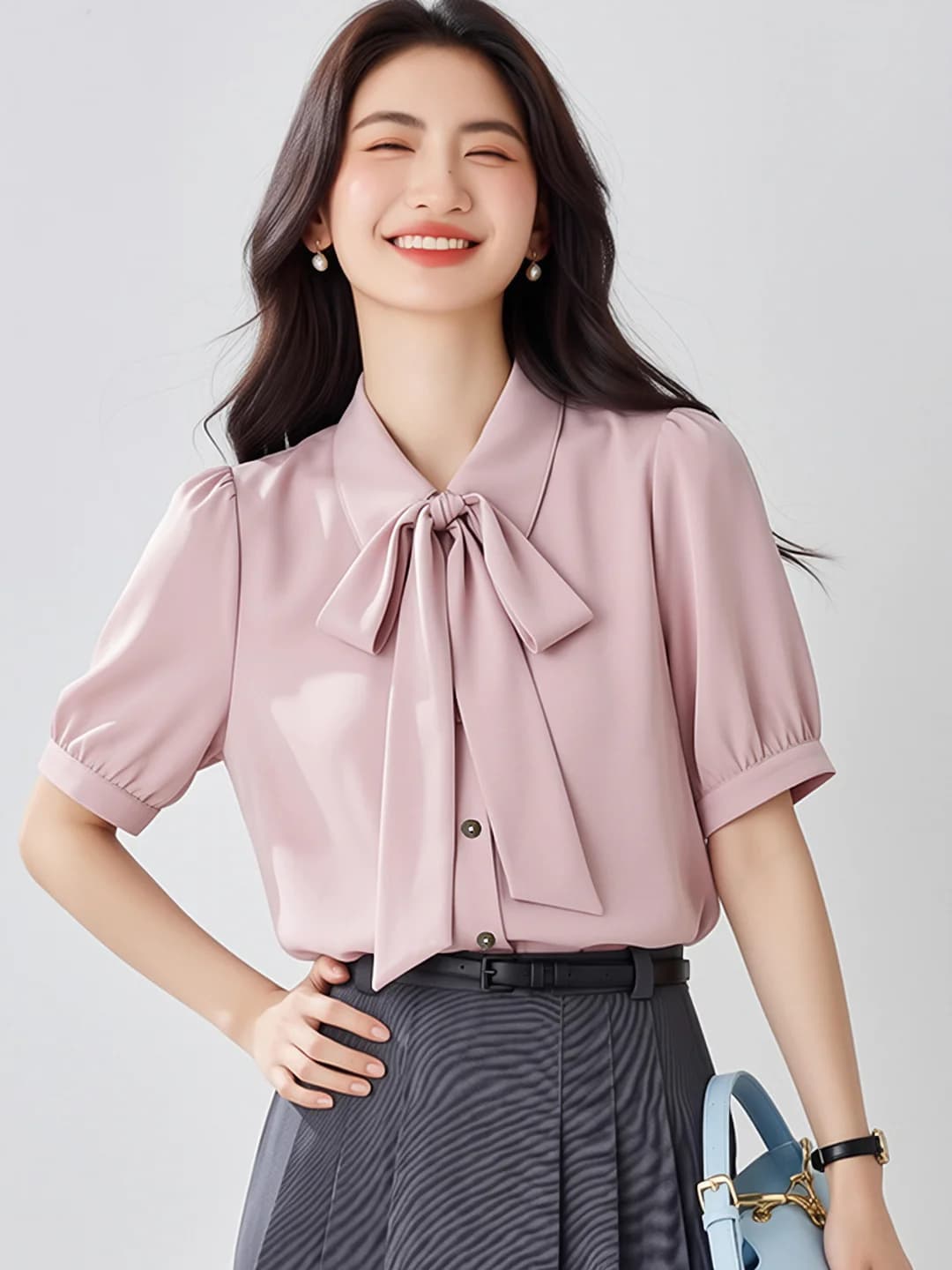 Women's white striped chiffon shirt, short sleeve, halter neck, ribbon detail, thin summer style
