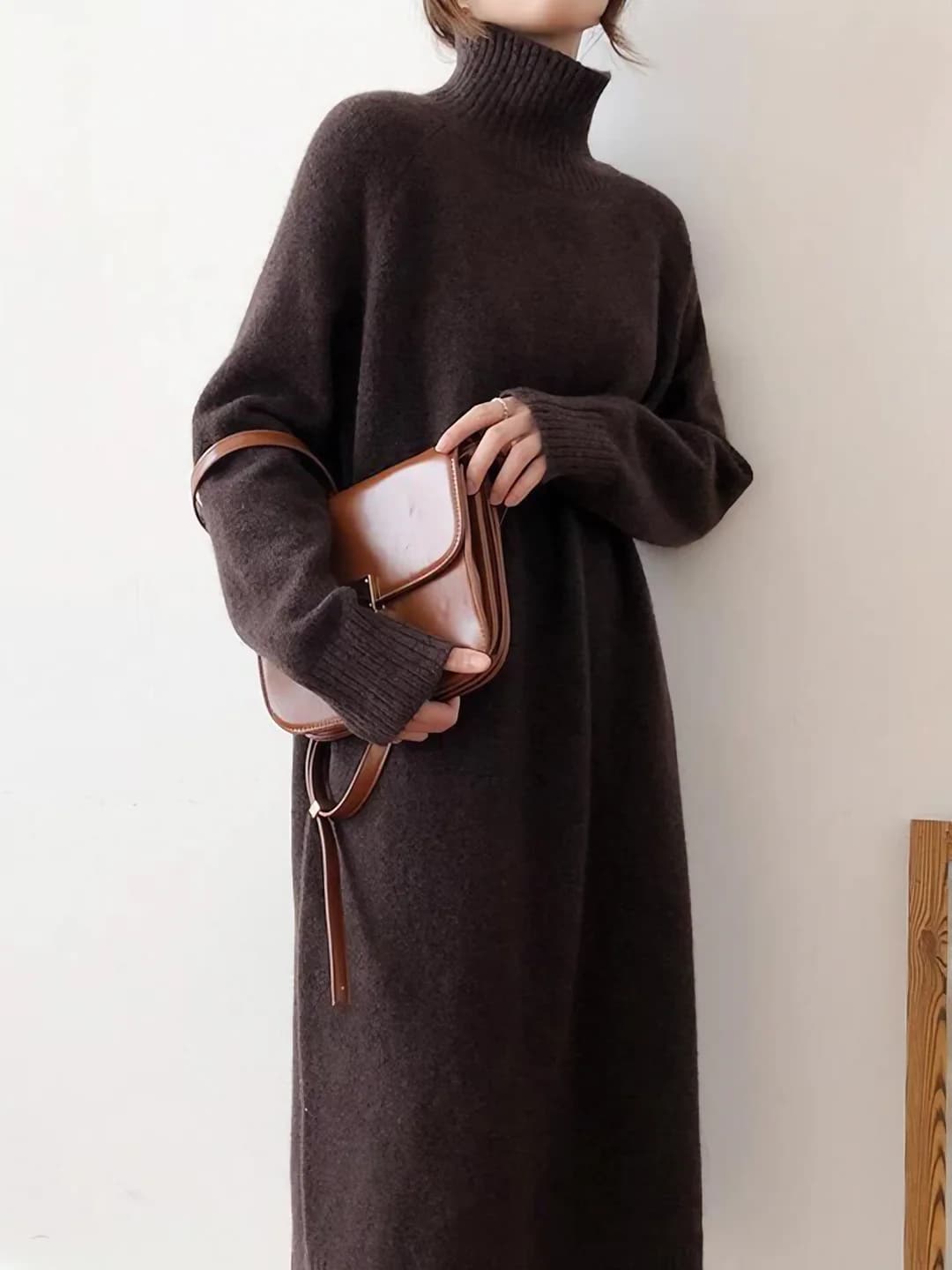 Women's long knit sweater dress, 100% wool, solid colour, thickened, high neck, loose fit, autumn-winter