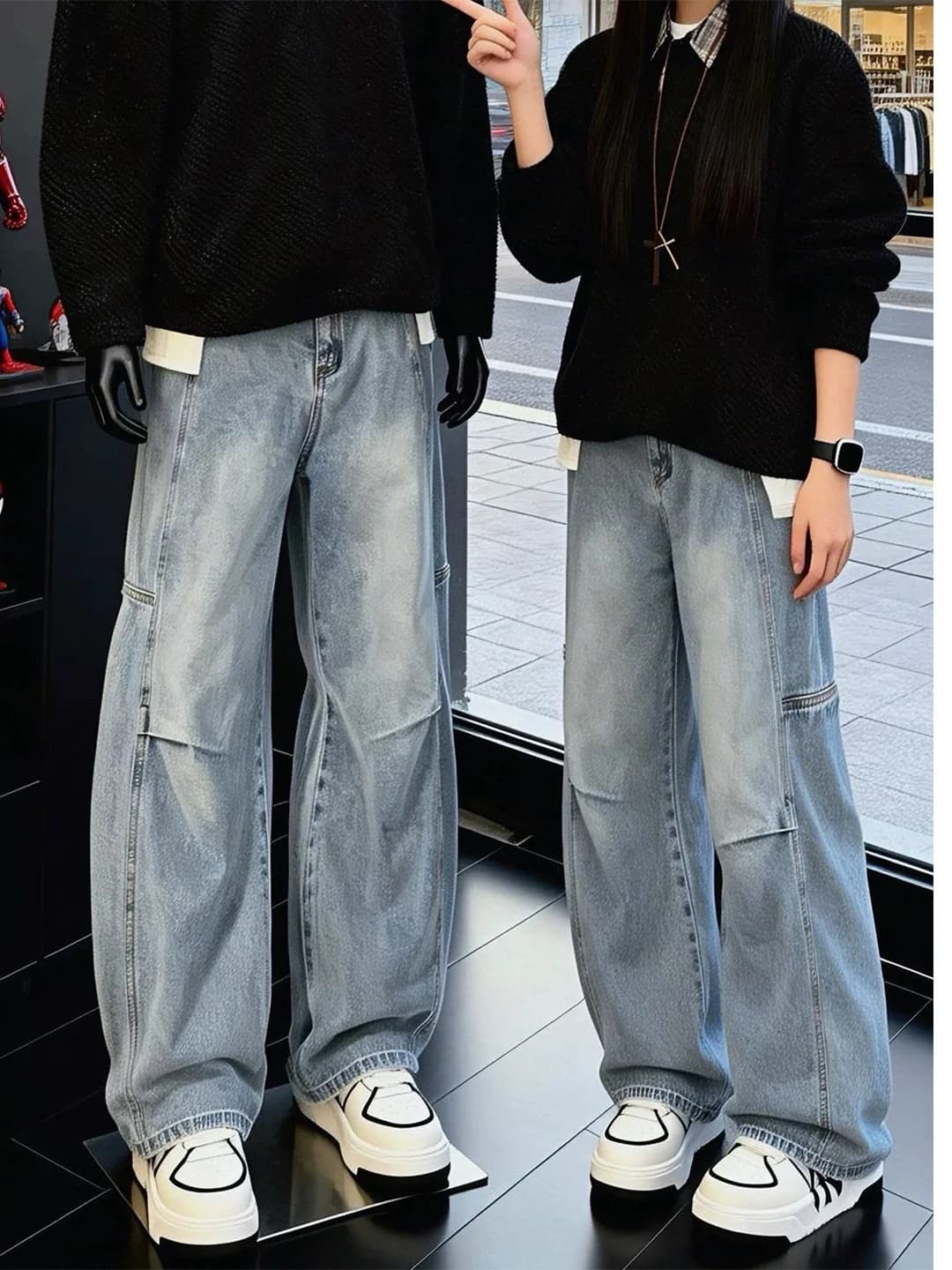 Ayollar uchun retro uslubidagi bahor baland belli to'g'ri kesimli jinsi shim, egri siluet, juftlik modeli, utilitar, clean fit, bo'sh (oversize), nozik ko'rsatadigan