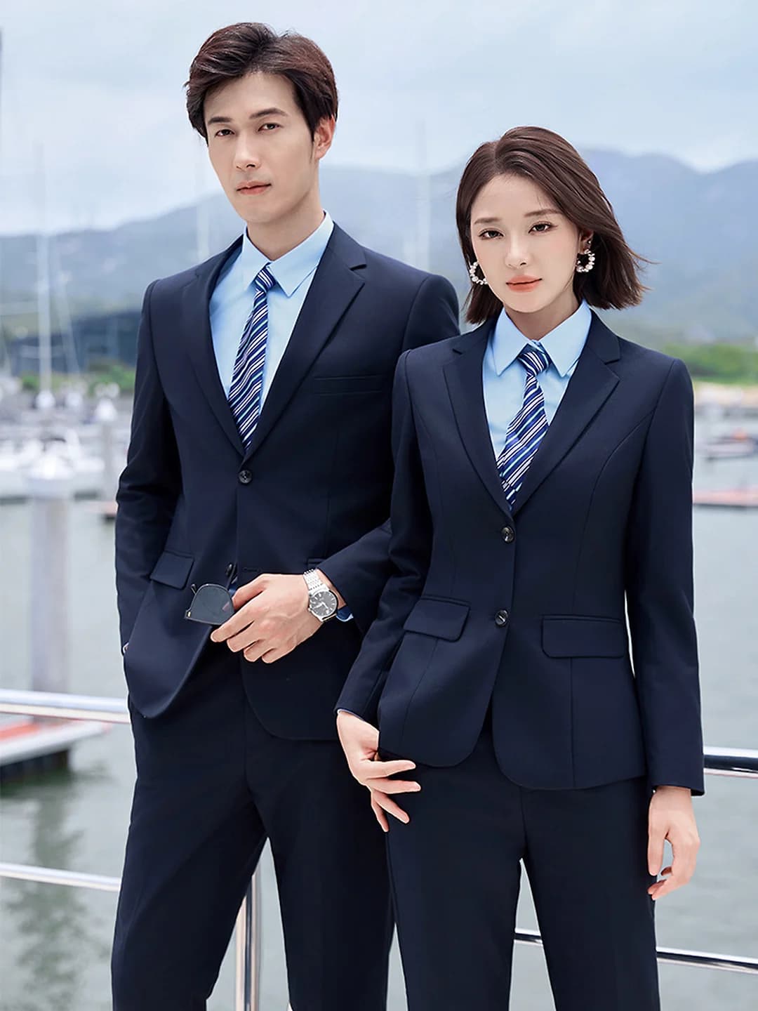 Women's navy business suit set: blazer with long trousers, long sleeve, regular sleeve, polyester — work uniform for sales staff, car dealerships, real estate and property management