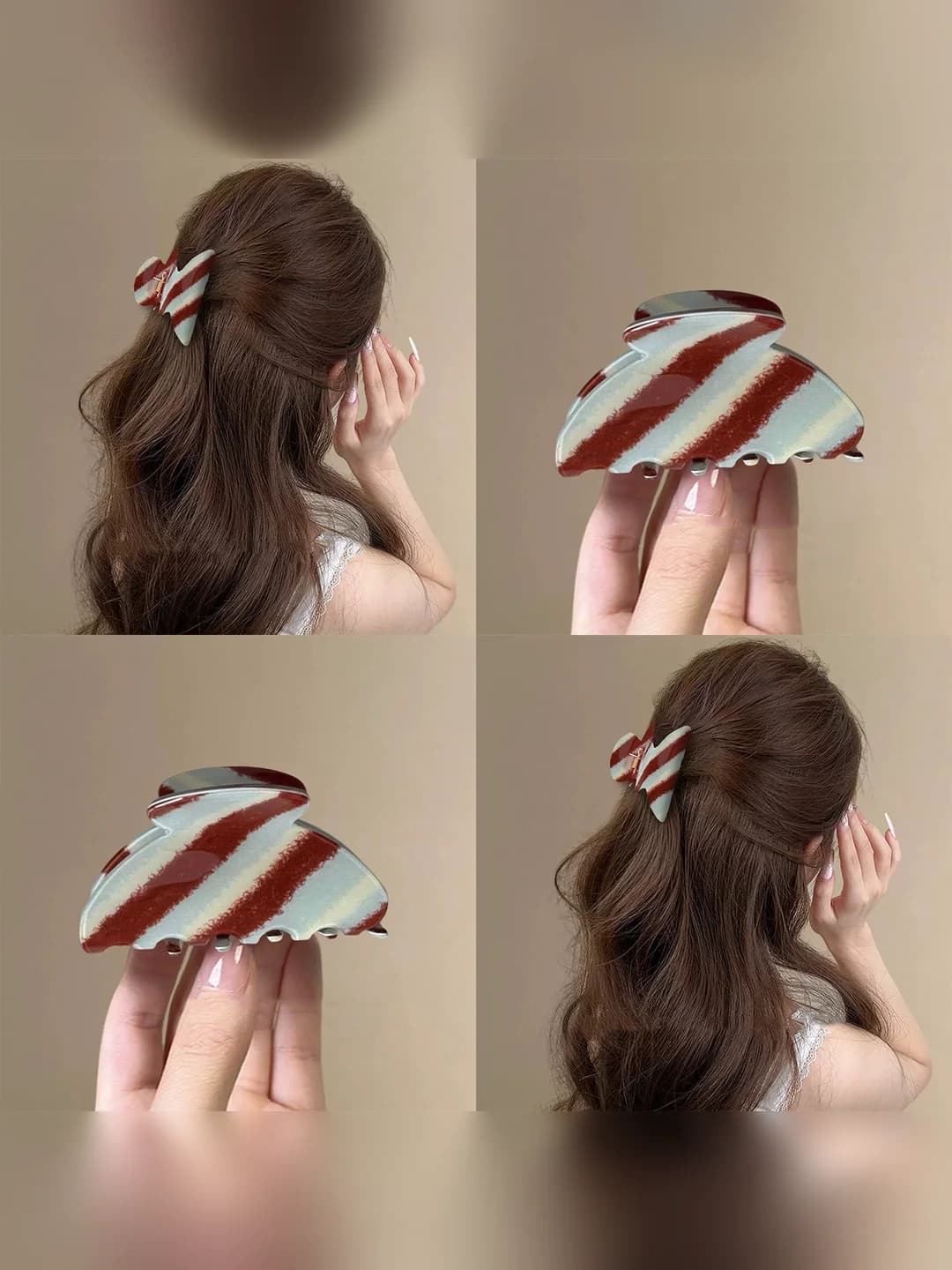 Women's olive-brown twill claw clip for half-up hair, Korean style