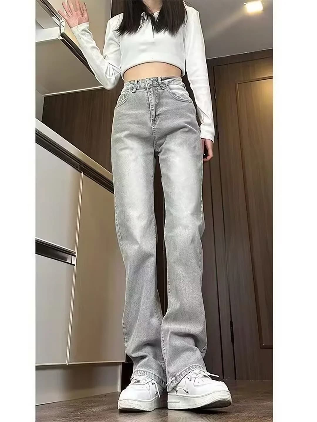 Ayollar uchun to'g'ri jinsi, jinsi shim: to'g'ri kesim, bahor-kuz, amerikancha retro, ko'cha uslubi, bo'sh (oversize), nozik ko'rsatadigan, tor variant, kulrang, baland bel, poliester 50%–70%, uzun, o'rtacha qalinlik, juftlik modeli