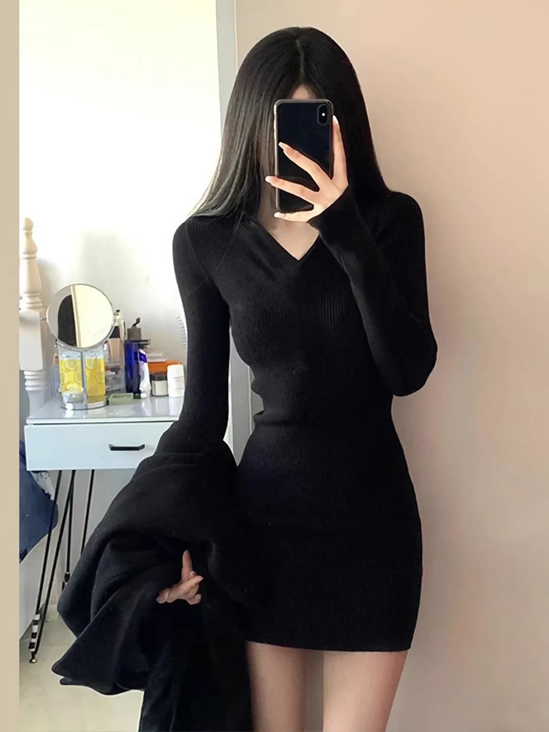 Girls' sheath dresses: autumn-winter, petite, bodycon, V-neck, long sleeve, high waist, slimming, mini skirt, cotton-elastane