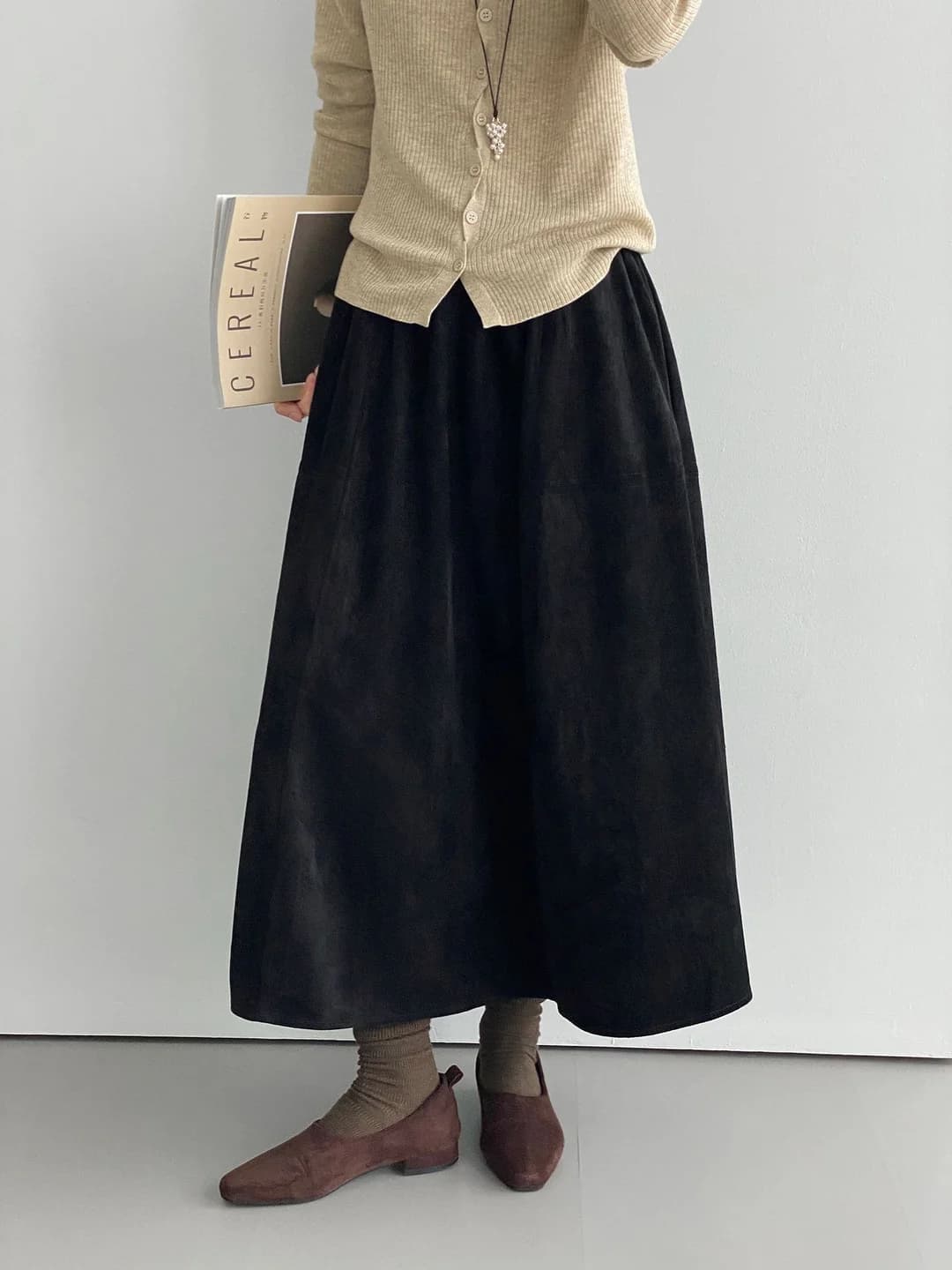 A-line skirts and wide: women's retro mid-length skirt, suede-effect fabric, autumn, loose fit, slimming look