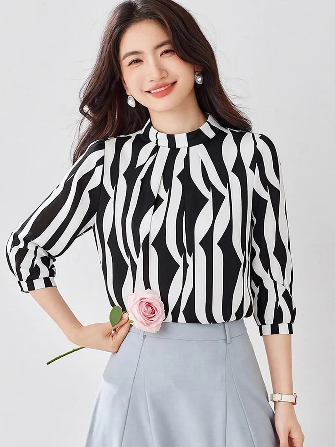Women's 2026 spring-autumn chiffon blouse, solid colour, long sleeve, shirt collar, strap-style