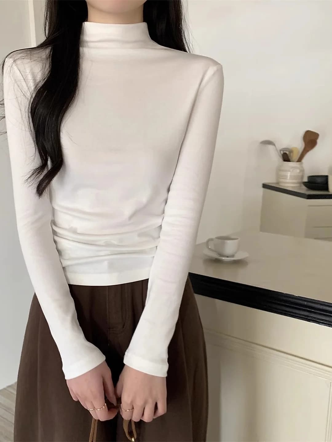 Women's turtlenecks, petite: early autumn, mock neck, long sleeve, slim fit, solid colour, cotton 90%–95%, elastane 30% or less, elegant commuting style