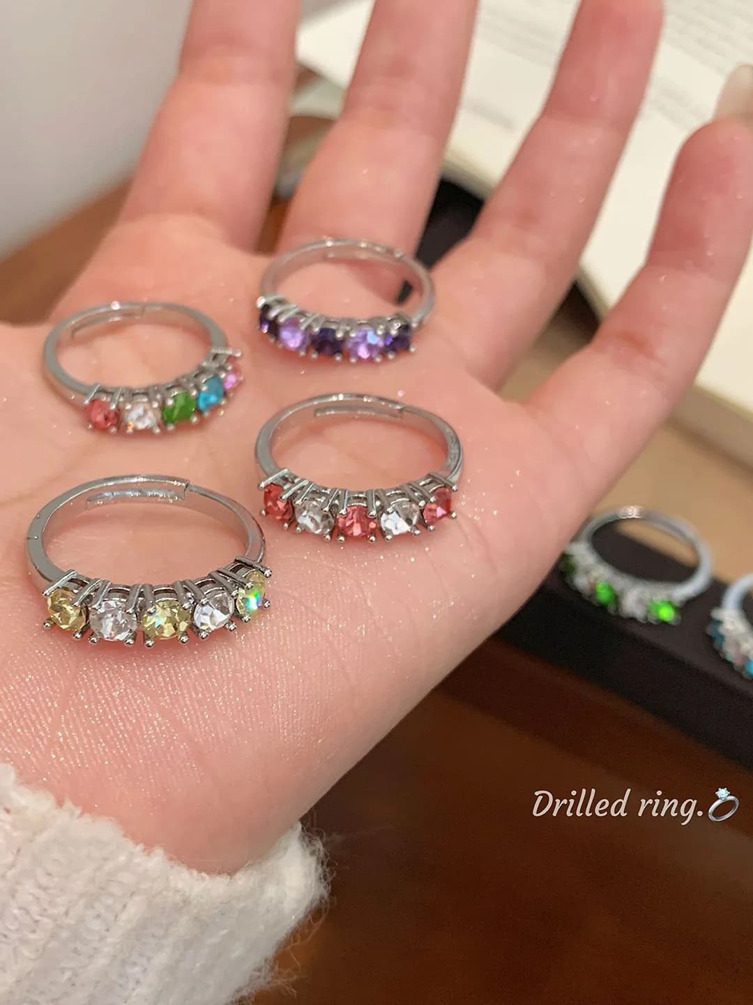 Women's adjustable copper open ring with colourful zircon, pinky ring, light luxury style, for commuting