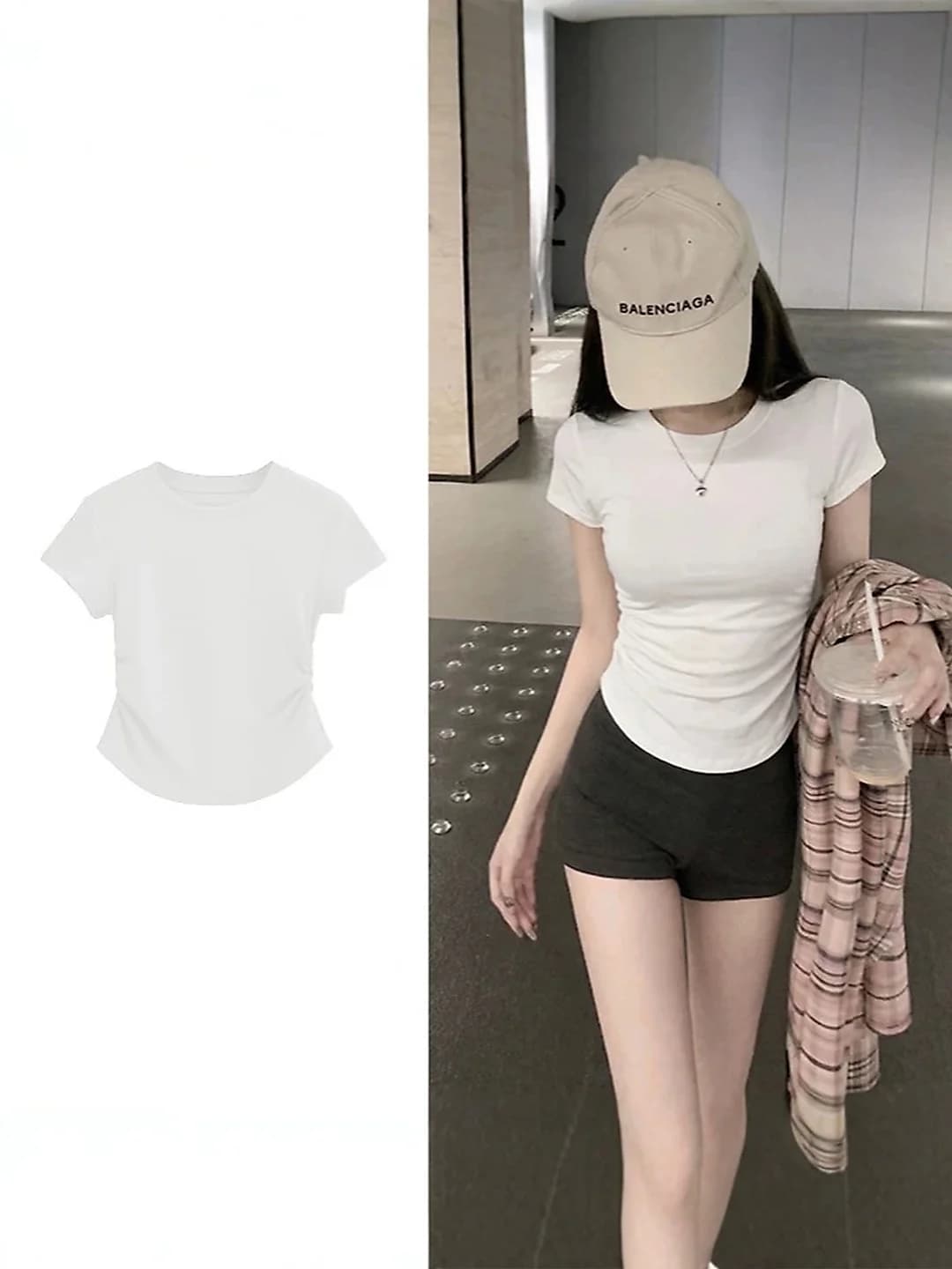 Women's 2026 summer t-shirt, short sleeve, regular shoulder, crew neck, solid colour, pleated, waist design, slim fit, slimming, cropped, spicy-girl style, polyester 80%–90%