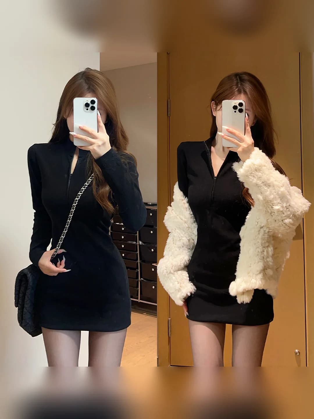 Women's black half-zip bodycon dress — autumn-winter, petite, slimming, slim fit, cotton and elastane, solid colour, pullover, mock neck, long sleeve, high waist, mini skirt, elegant style