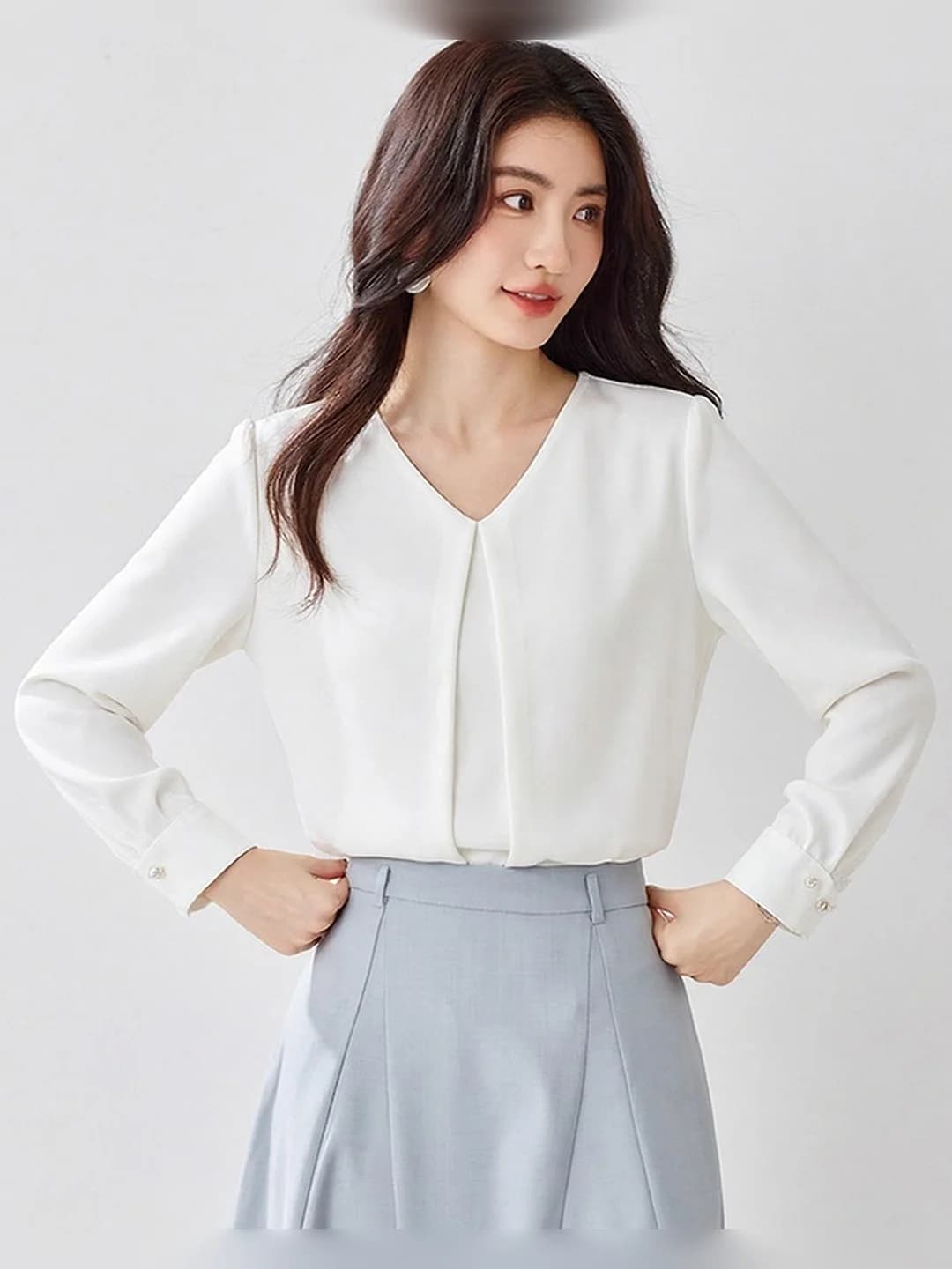 Women's chiffon blouse with stand collar, loose fit that covers the belly, short sleeve, Korean style, solid colour, spring-autumn
