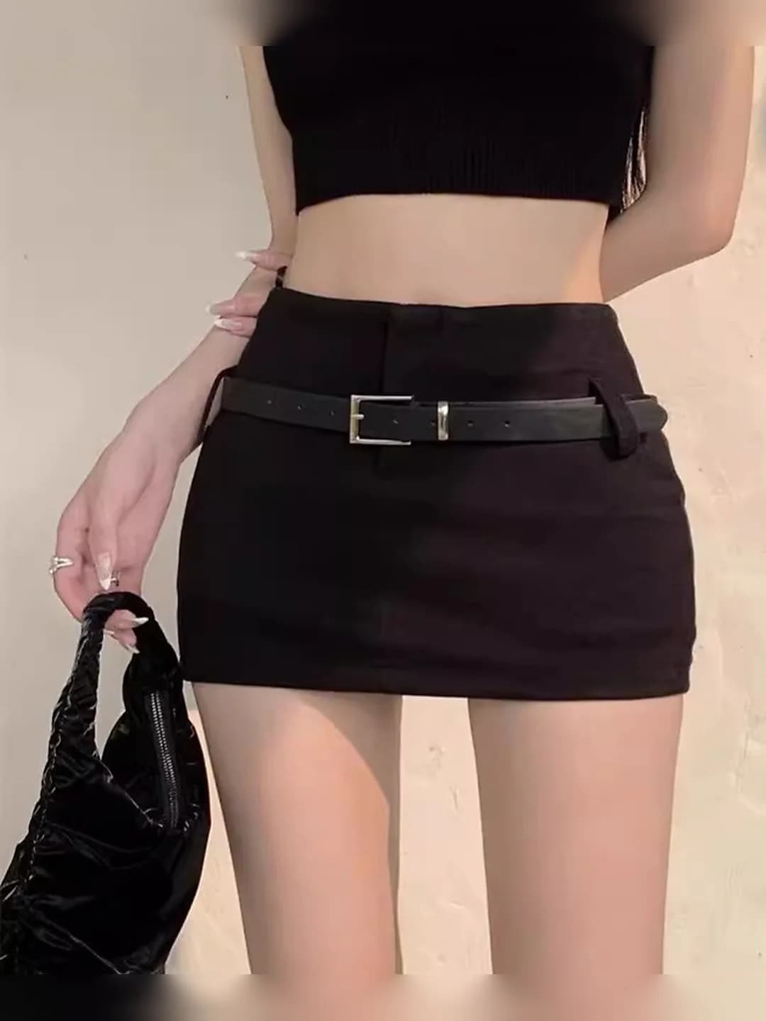 Women's black bodycon mini skirt with belt, high waist, summer 2026