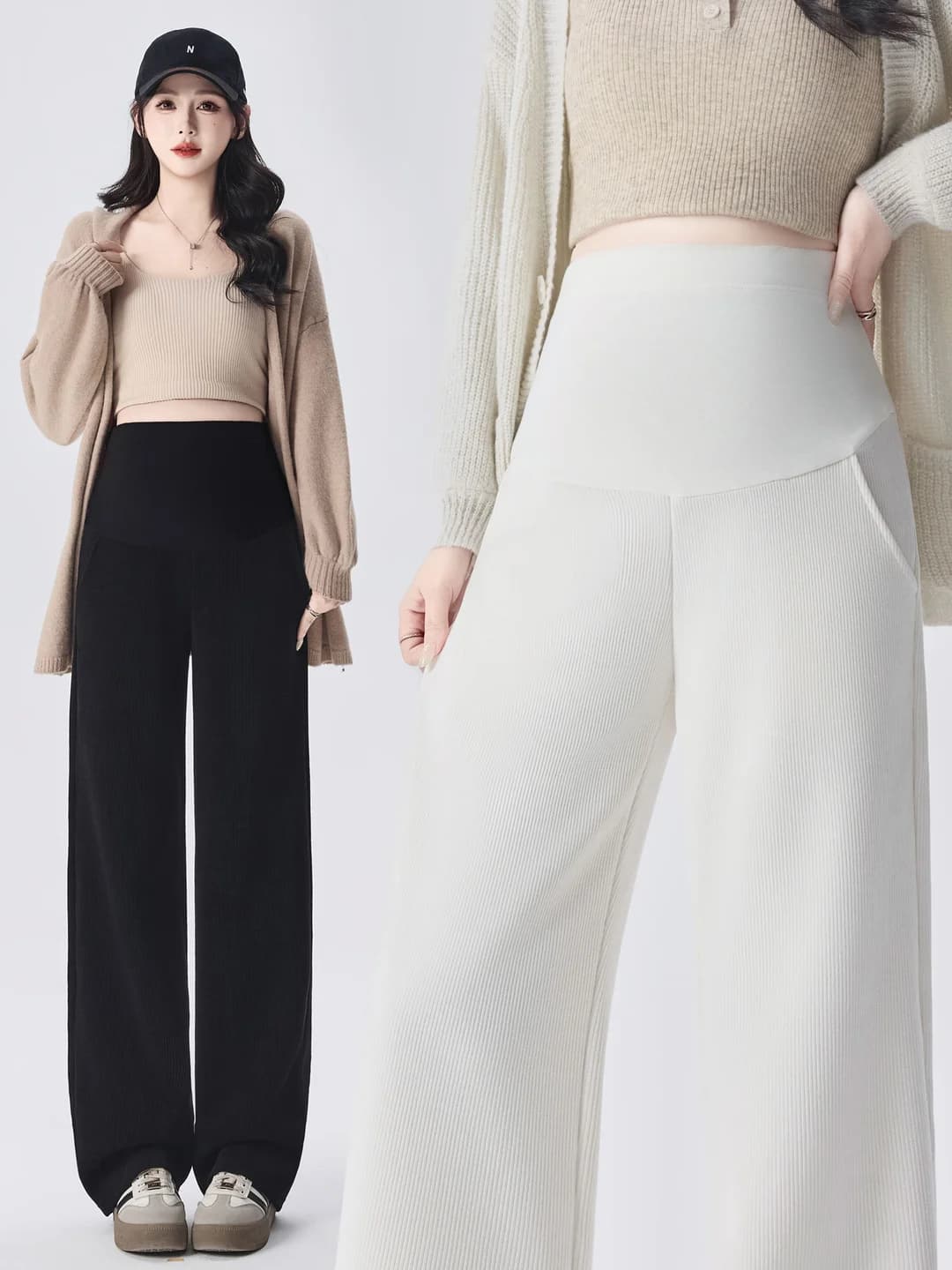 Women's maternity wide-leg trousers, loose fit, straight cut, casual, for spring-autumn and autumn-winter, does not press the belly