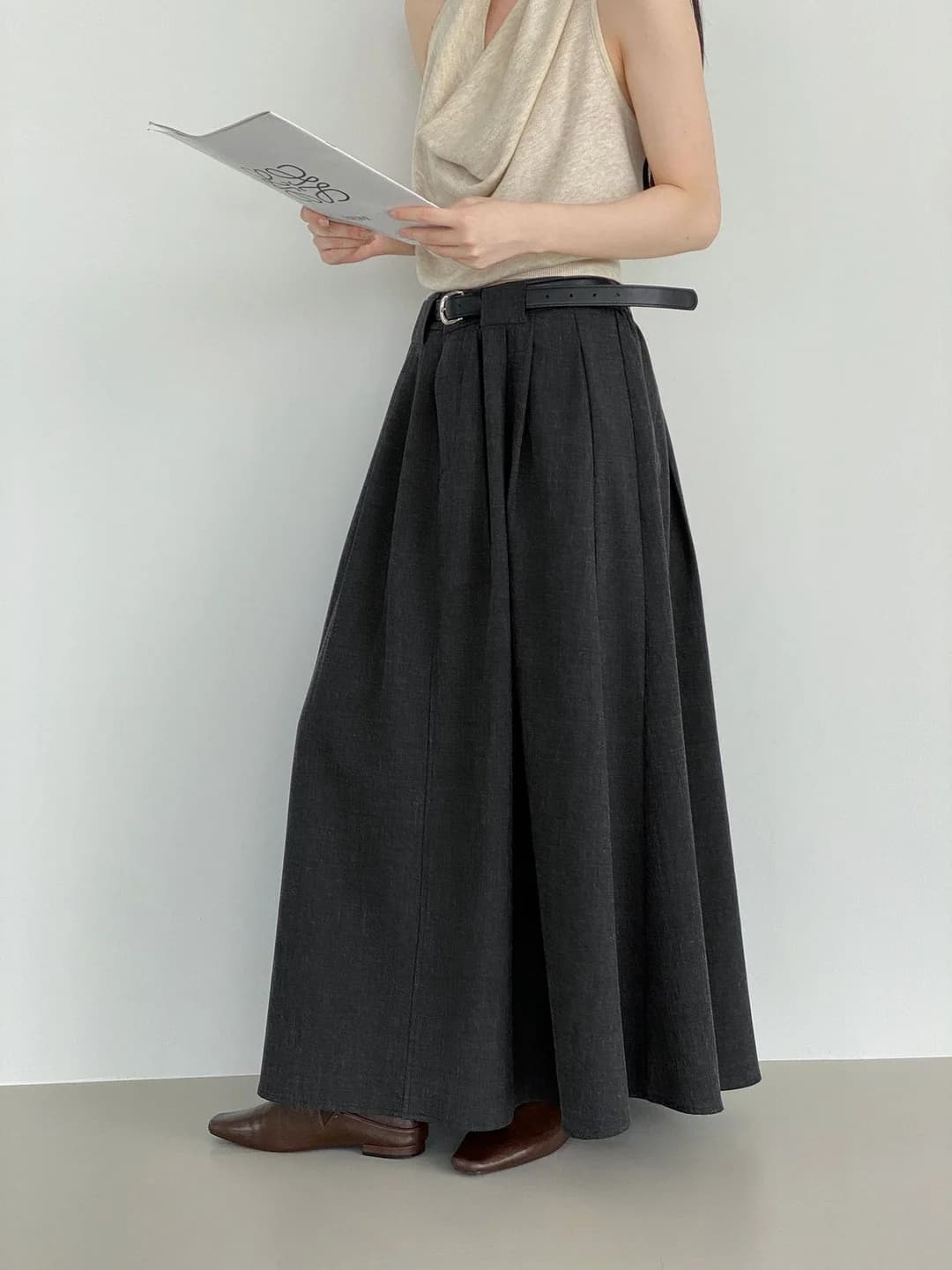Women's Korean-style casual high-waist pleated long skirt, A-line, autumn, versatile, slight stretch
