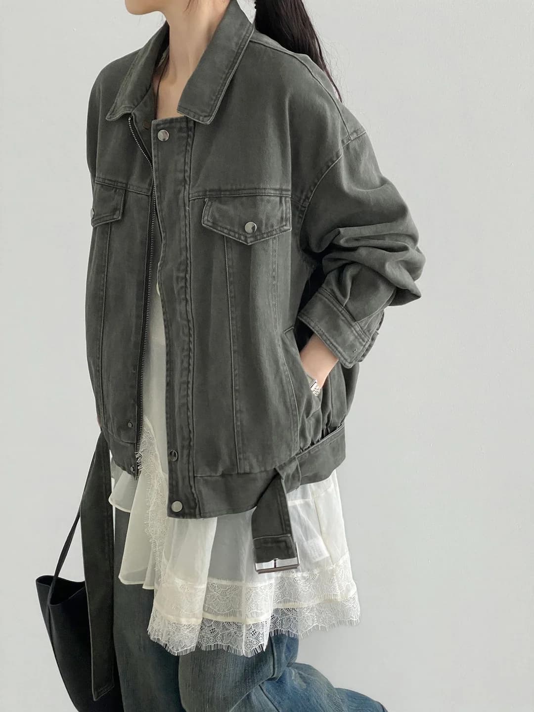 Women's retro denim workwear jacket — demiseason jackets, loose fit, medium thickness, cotton, 50–65 cm length, long sleeve, lapel collar, single-breasted, casual Korean style