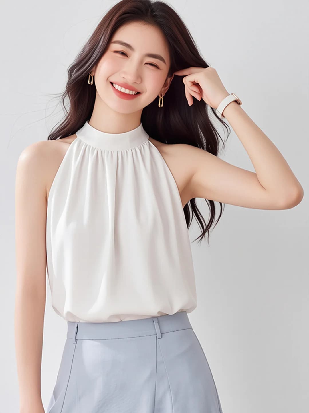 Women's white chiffon halter blouse, sleeveless, bare shoulders, solid colour, French style