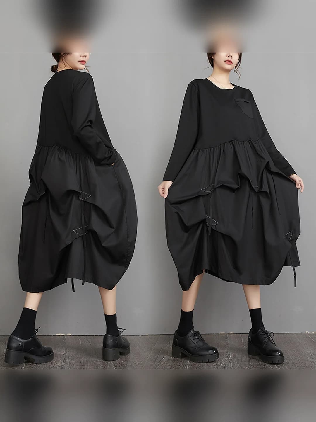 Women's 2026 autumn-winter plus size black long-sleeve patchwork casual dress with puffy details and wide hem, retro