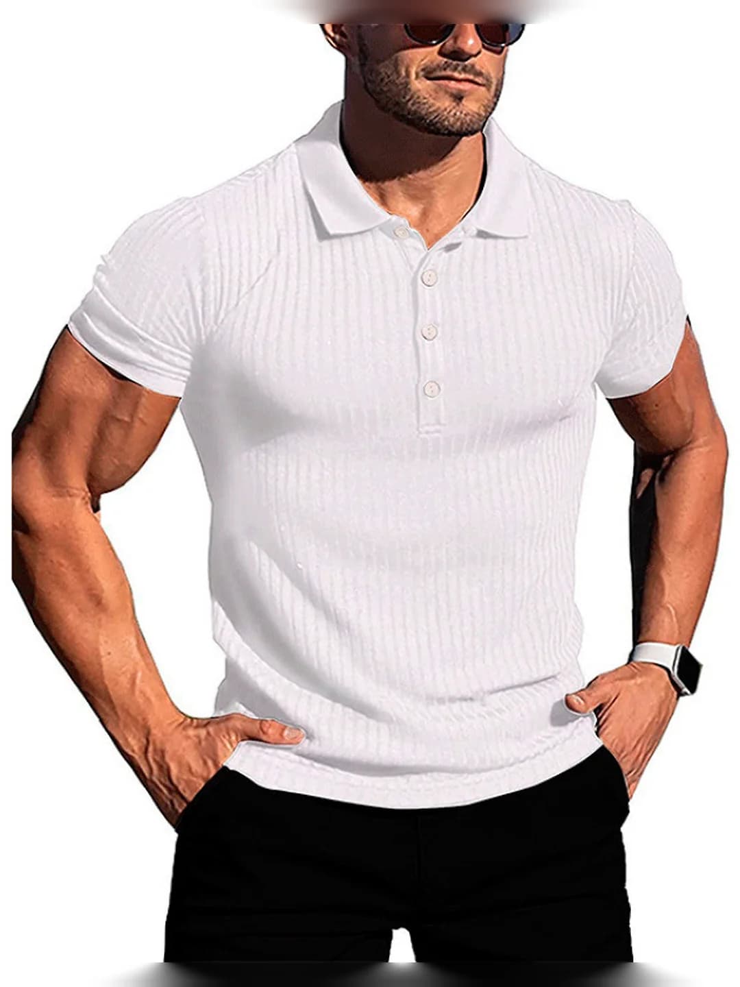 Men's summer running sports polo, stretch, striped, short sleeve, slim fit